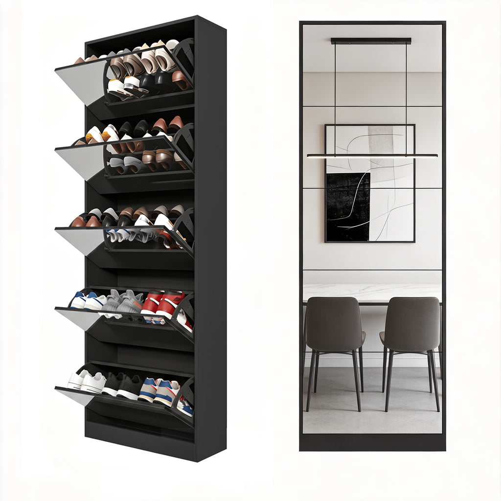 Tall Narrow Mirror Shoe Cabinet, Tipping Drawer Shoe Storage Organizer with Full Length Mirror, Slim Hidden Shoe Rack for Entryway Hallway