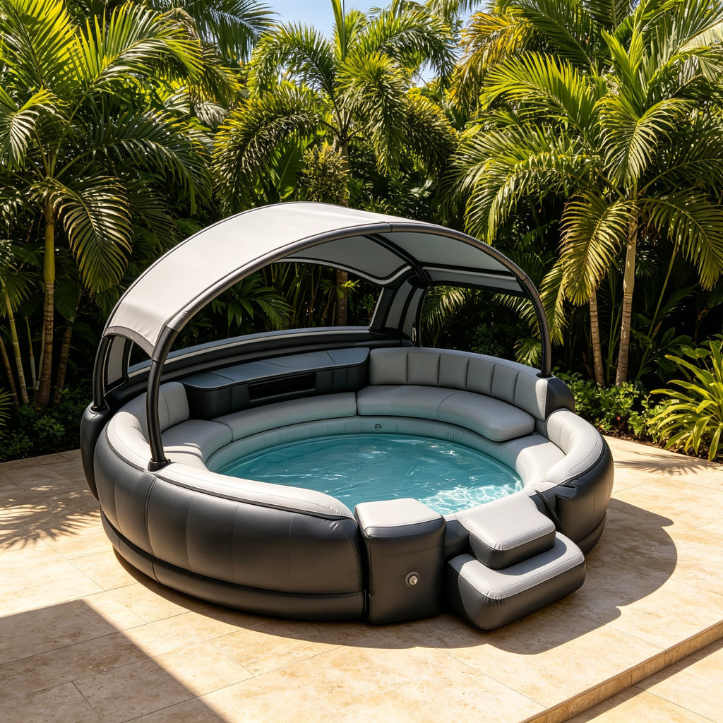 Premium Inflatable Hot Tub Spa with Fold‑Canopy & LED Ambient Lighting, 4‑7 Person Portable Outdoor Inflatable Spa Pool with Electric Air Pump