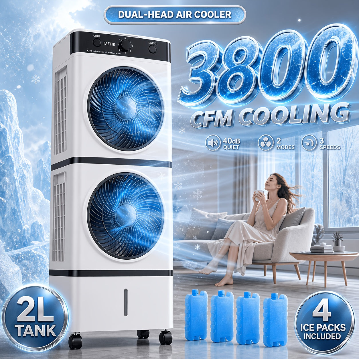 180° Oscillation Double‑Fan Evaporative Air Cooler, Portable Swamp Cooler with Water Tank & Ice Packs for Home Bedroom Patio