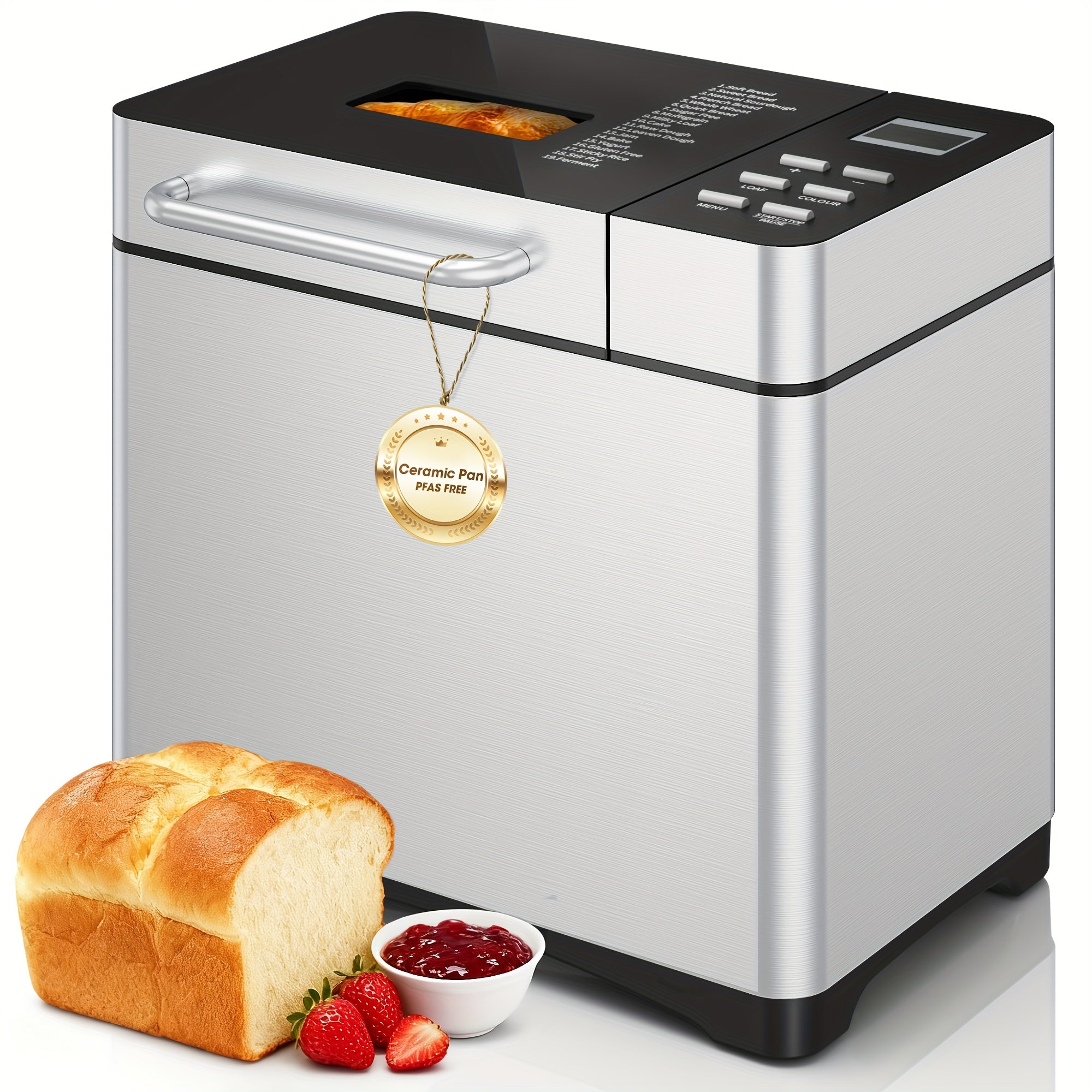 19-in-1 Automatic Bread Maker Machine, 710W Stainless Steel Bread Machine with Nut Dispenser, 15H Delay Timer, 3 Crust Colors & 3 Loaf Sizes, Non-Stick Ceramic Pan