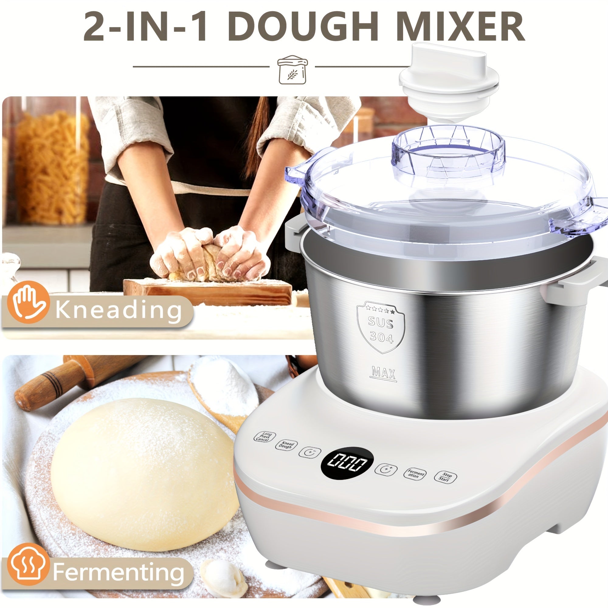 5QT /7QT Electric Dough Maker, Automatic Kneading & Proofing Machine, 304 Stainless Steel Bowl Hands‑Free Bread Dough Mixer