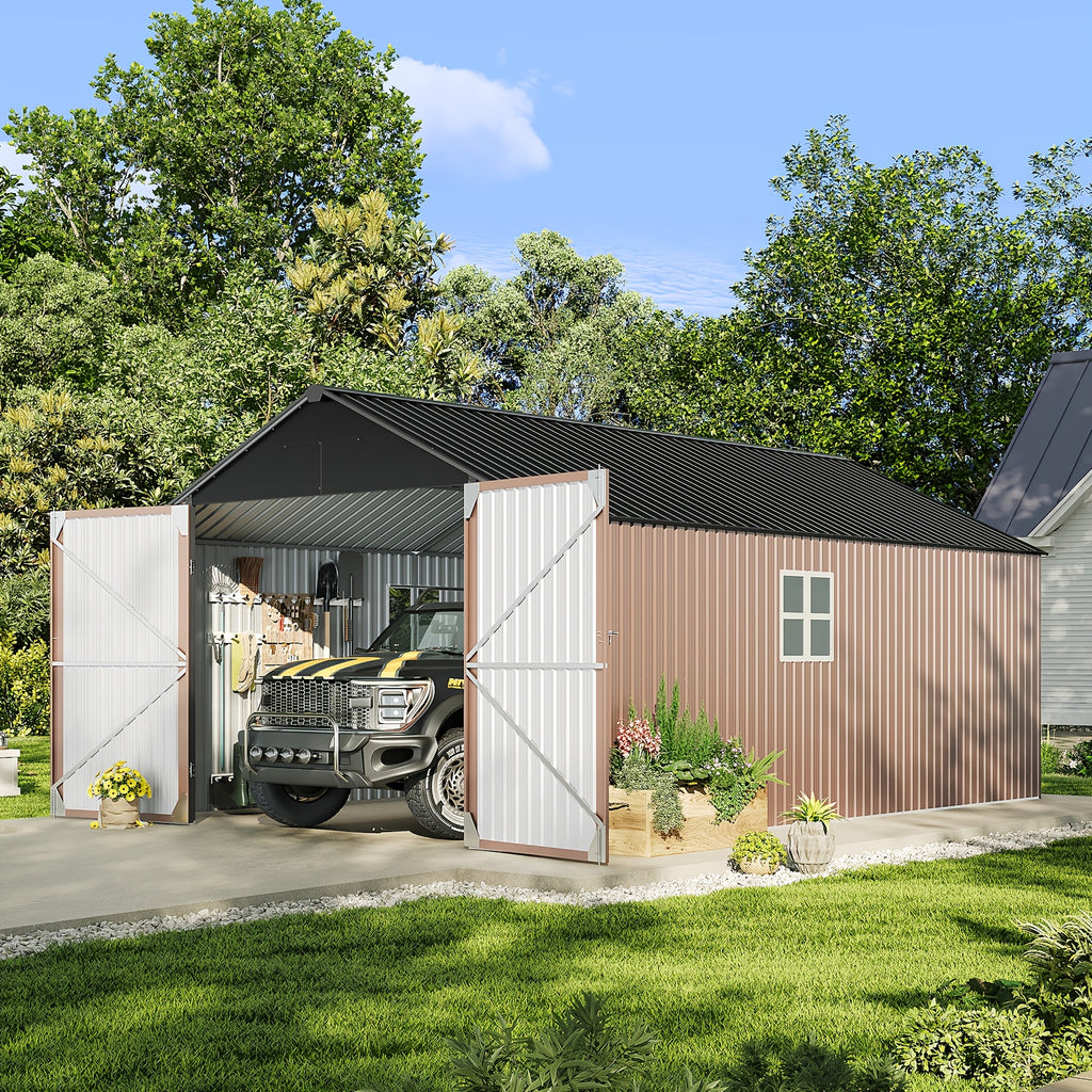 10'x12' Outdoor Metal Storage Shed, Weather‑Resistant Galvanized Steel Tool Shed with Double Hinged Doors & Vents for Backyard Garden Storage