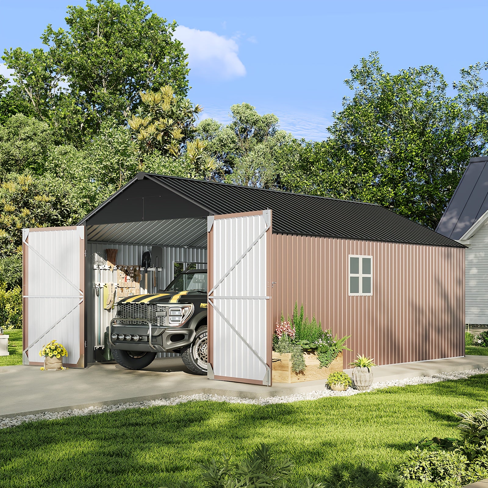 10'x12' Outdoor Metal Storage Shed, Weather‑Resistant Galvanized Steel Tool Shed with Double Hinged Doors & Vents for Backyard Garden Storage