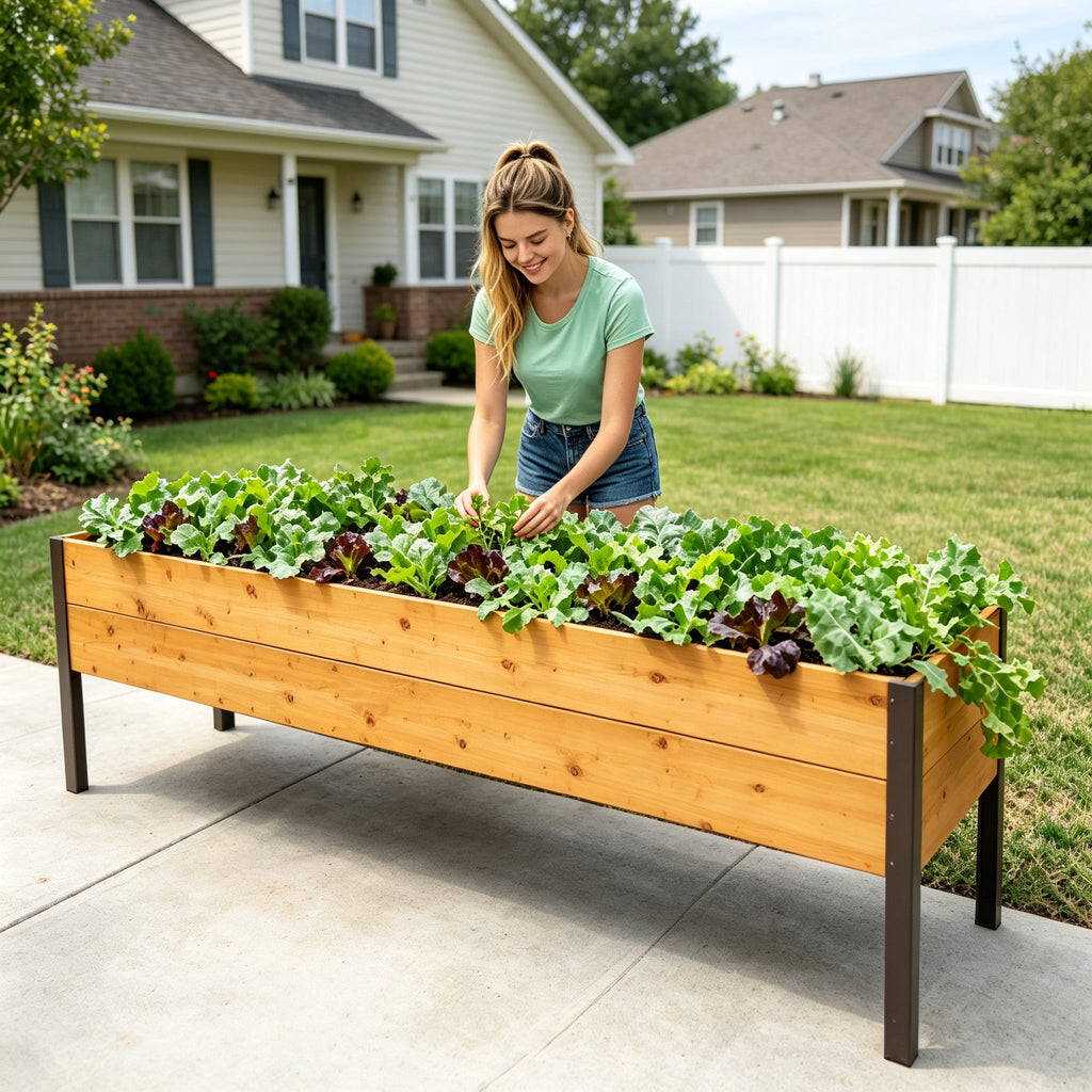 Elevated Wooden Raised Garden Bed with Arch Trellis, Self‑Watering Raised Planter Box for Vegetables Flowers Herbs, Backyard Patio Gardening