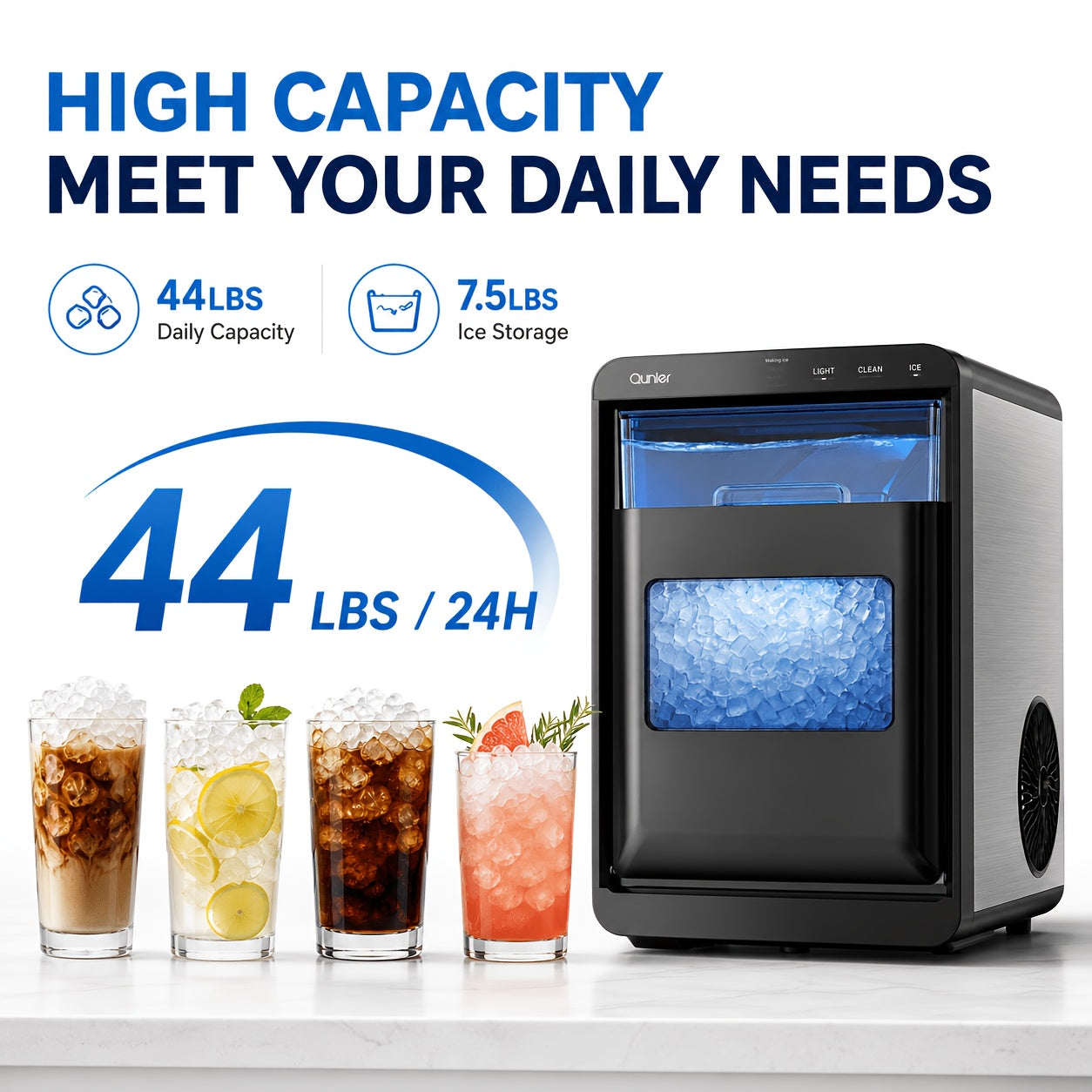 Countertop Ice Maker Machine, 44LBS/24H, 10 Mins Fast Ice Making, 3 Ice Textures, Self‑Cleaning Smart Ice Maker with LED Touch Panel, Removable Water Tank & Ice Basket for Home Kitchen Bar RV