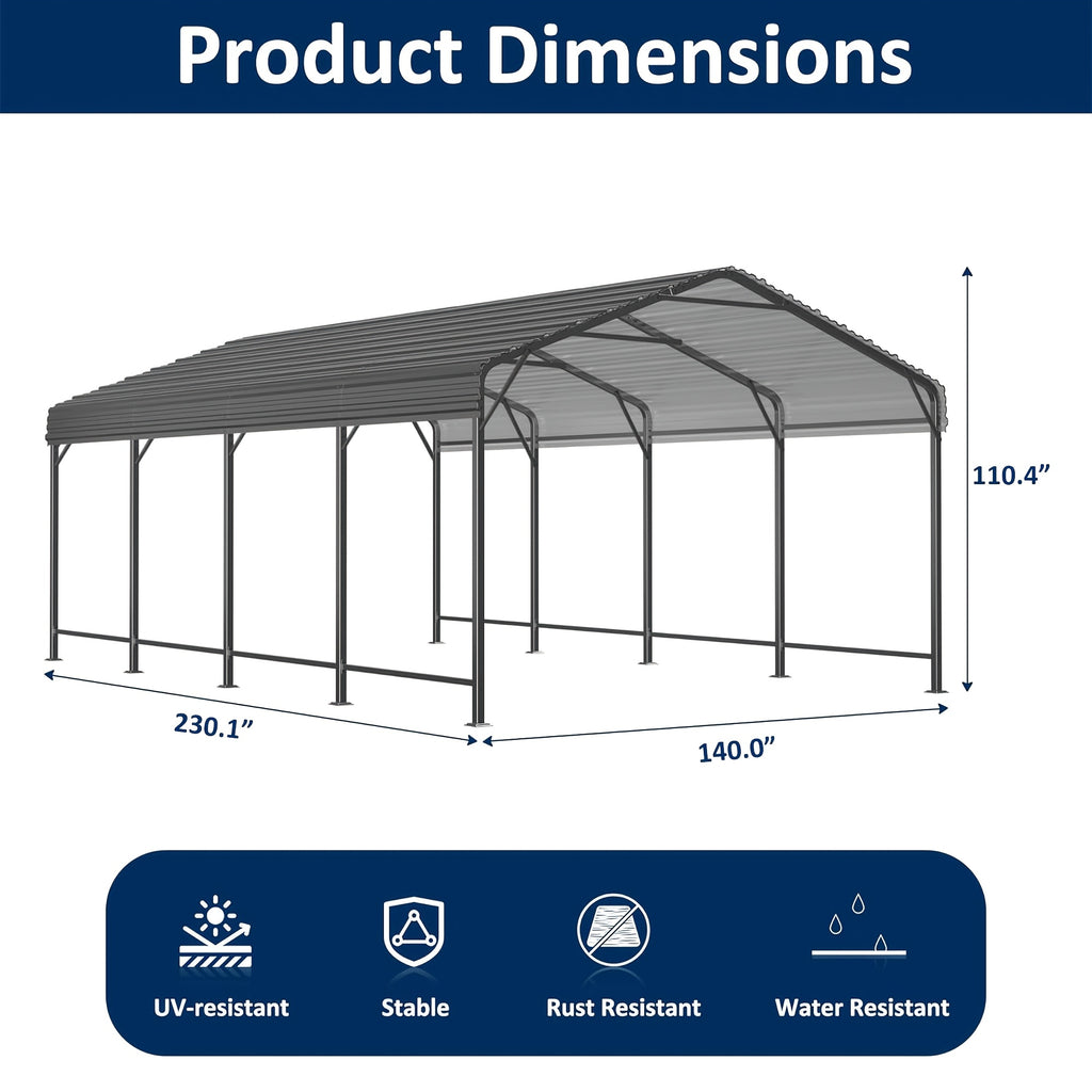 🏠 Heavy Duty Metal Carport | Galvanized Steel Corrugated Roof Vehicle Shelter, Pitched Roof All-Weather Outdoor Car Canopy for Pickup, SUV, Tractors & Boats