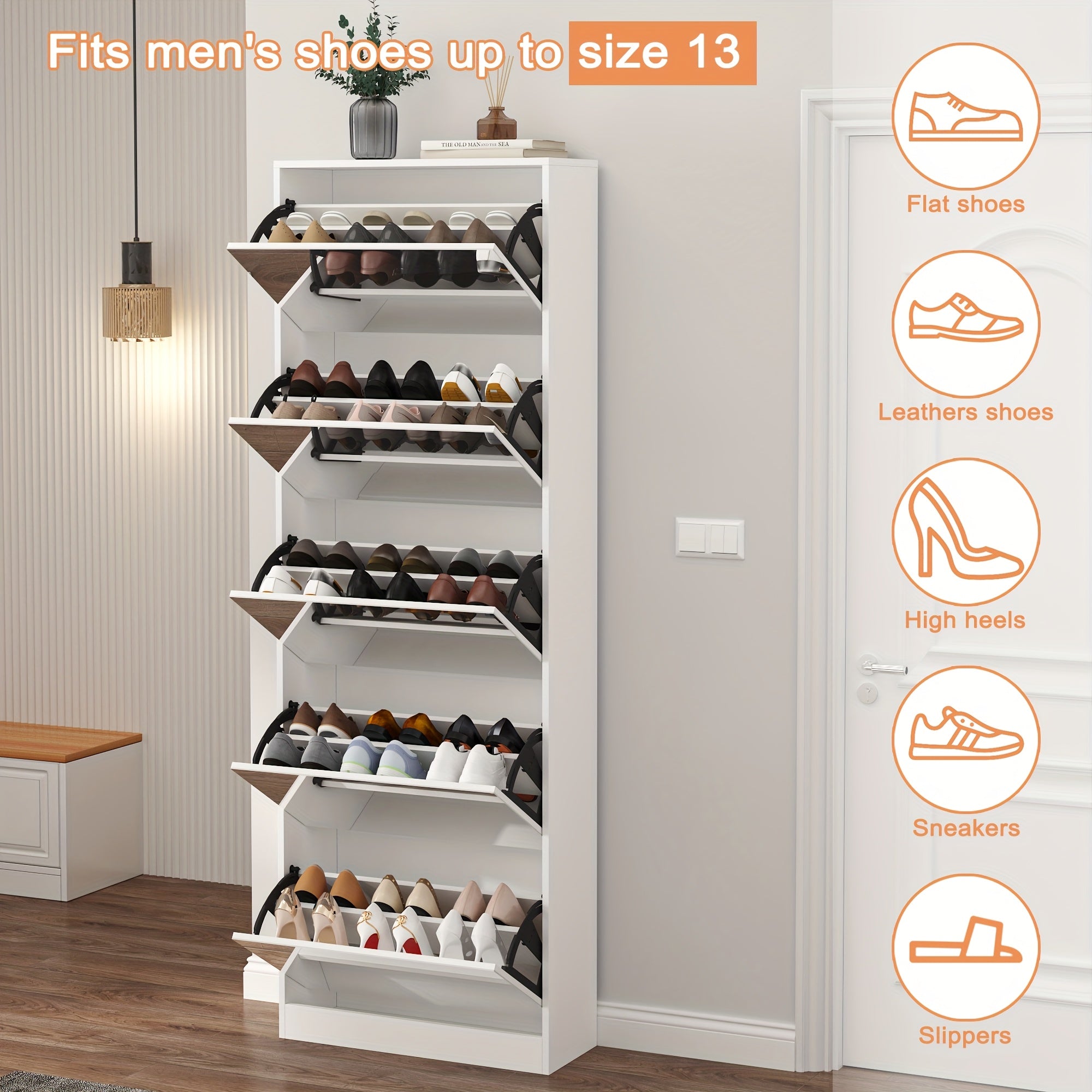 Tall Narrow Mirror Shoe Cabinet, Tipping Drawer Shoe Storage Organizer with Full Length Mirror, Slim Hidden Shoe Rack for Entryway Hallway