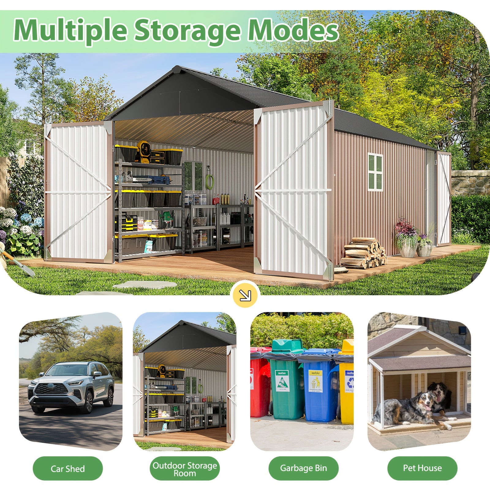 10'x12' Outdoor Metal Storage Shed, Weather‑Resistant Galvanized Steel Tool Shed with Double Hinged Doors & Vents for Backyard Garden Storage