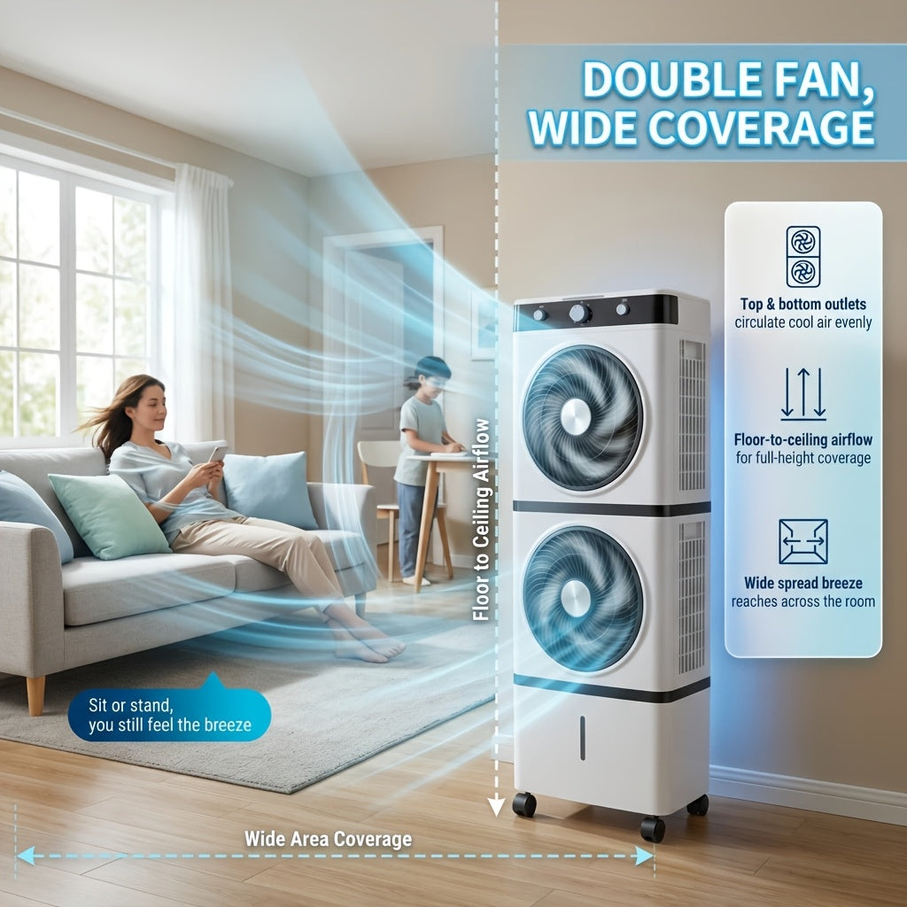 180° Oscillation Double‑Fan Evaporative Air Cooler, Portable Swamp Cooler with Water Tank & Ice Packs for Home Bedroom Patio