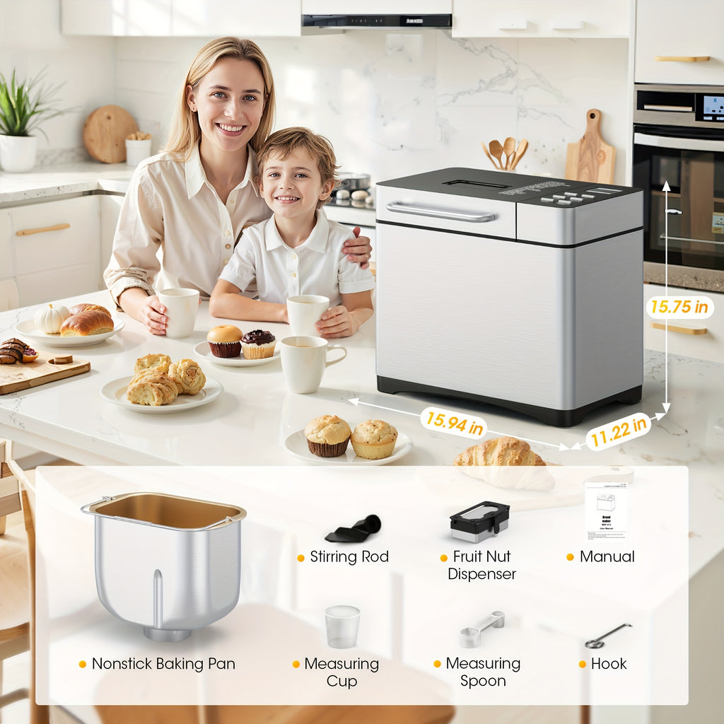19-in-1 Automatic Bread Maker Machine, 710W Stainless Steel Bread Machine with Nut Dispenser, 15H Delay Timer, 3 Crust Colors & 3 Loaf Sizes, Non-Stick Ceramic Pan