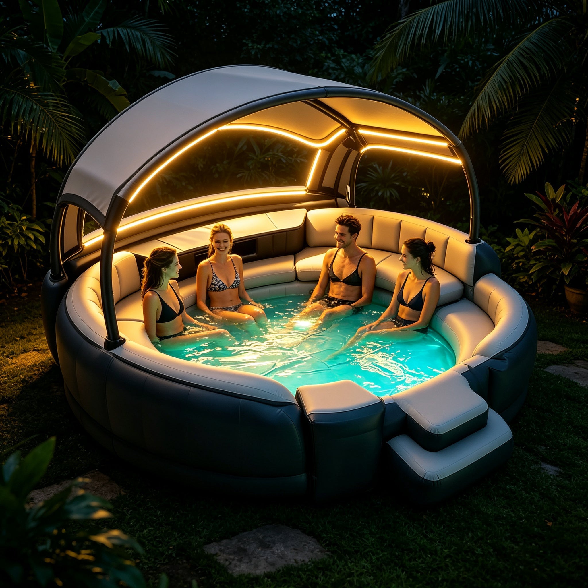 Premium Inflatable Hot Tub Spa with Fold‑Canopy & LED Ambient Lighting, 4‑7 Person Portable Outdoor Inflatable Spa Pool with Electric Air Pump