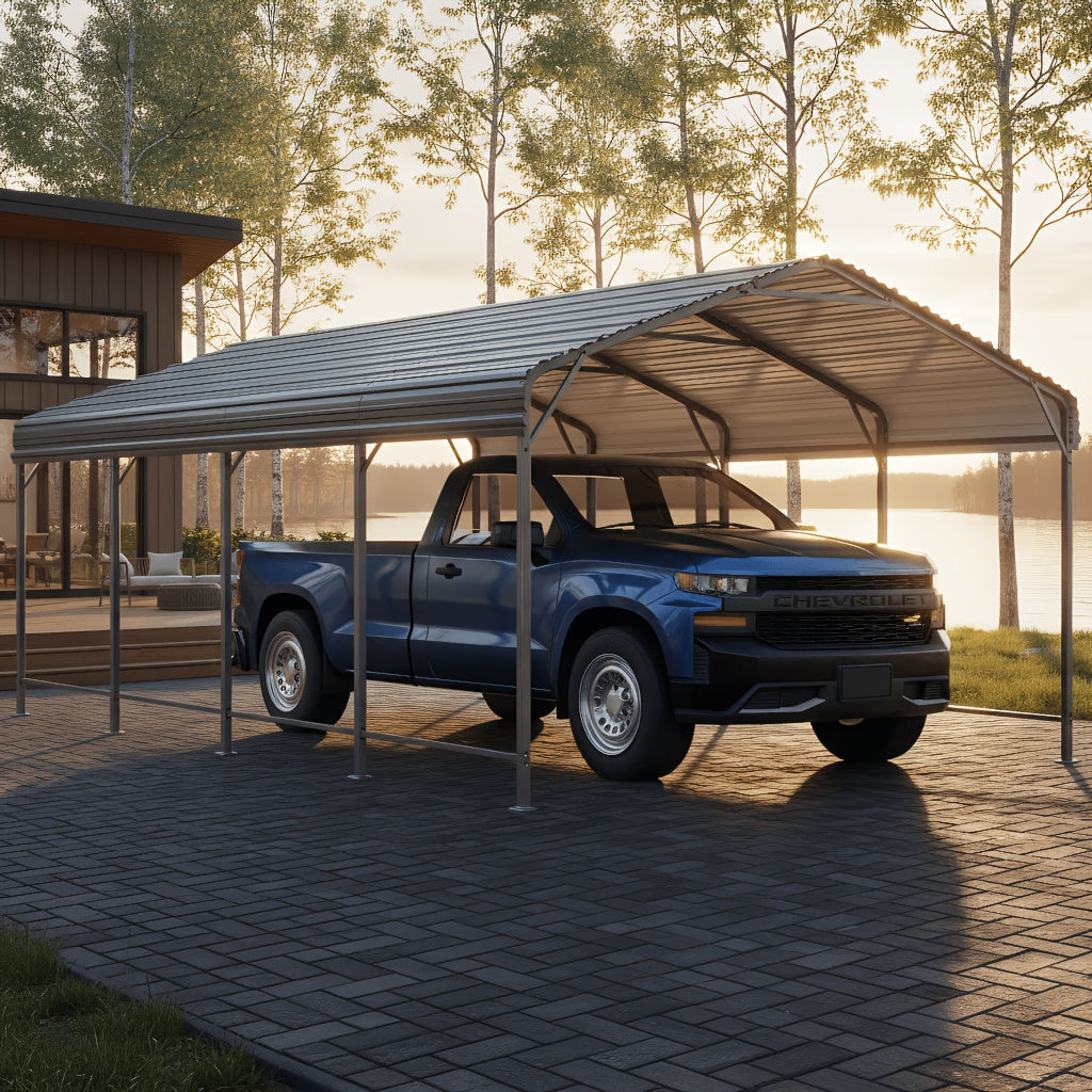 🏠 Heavy Duty Metal Carport | Galvanized Steel Corrugated Roof Vehicle Shelter, Pitched Roof All-Weather Outdoor Car Canopy for Pickup, SUV, Tractors & Boats