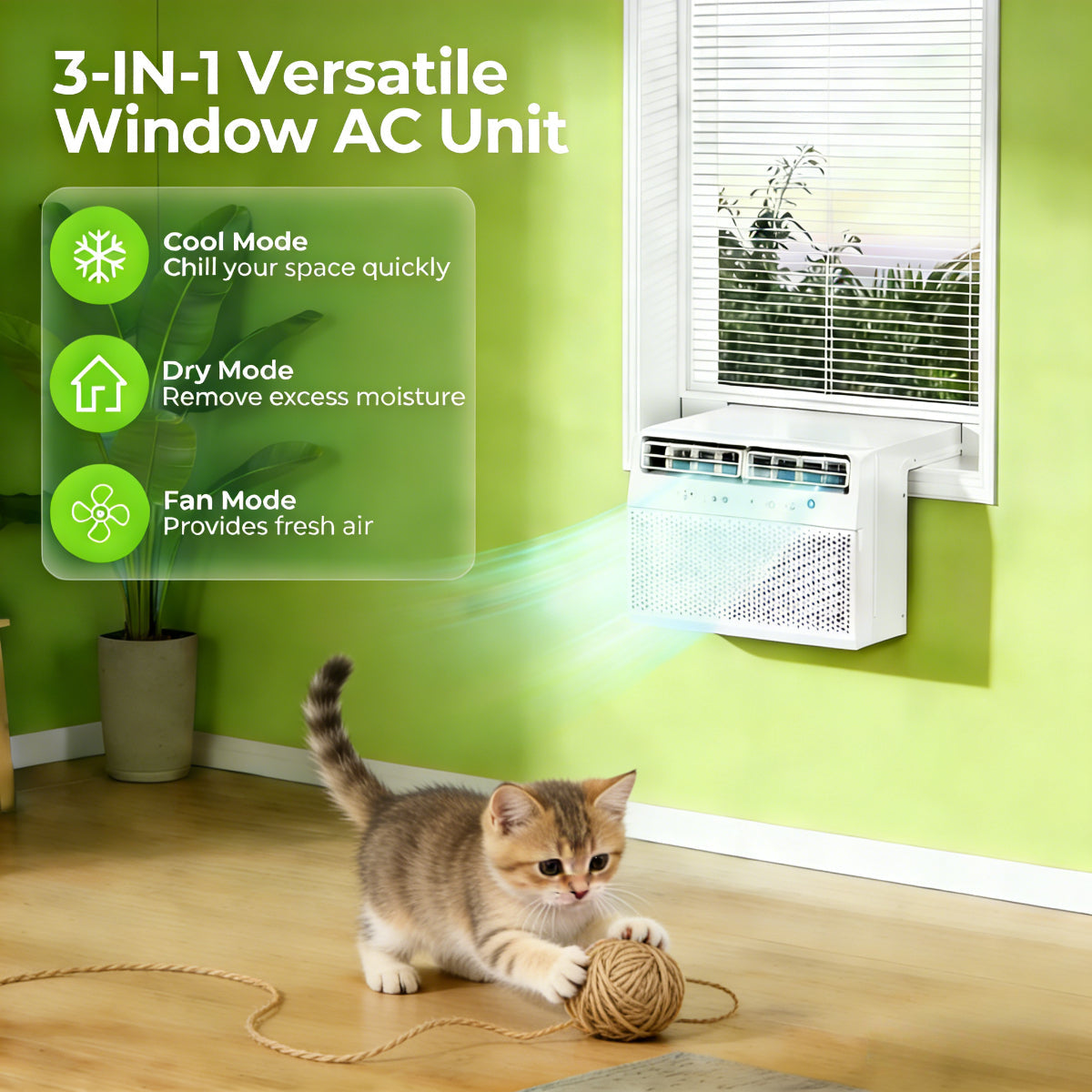 3‑in‑1 Window Air Conditioner, 5000‑10000 BTU Window‑Mount AC Unit with Remote Control, Cool Dry Fan Modes for Bedroom Living Room