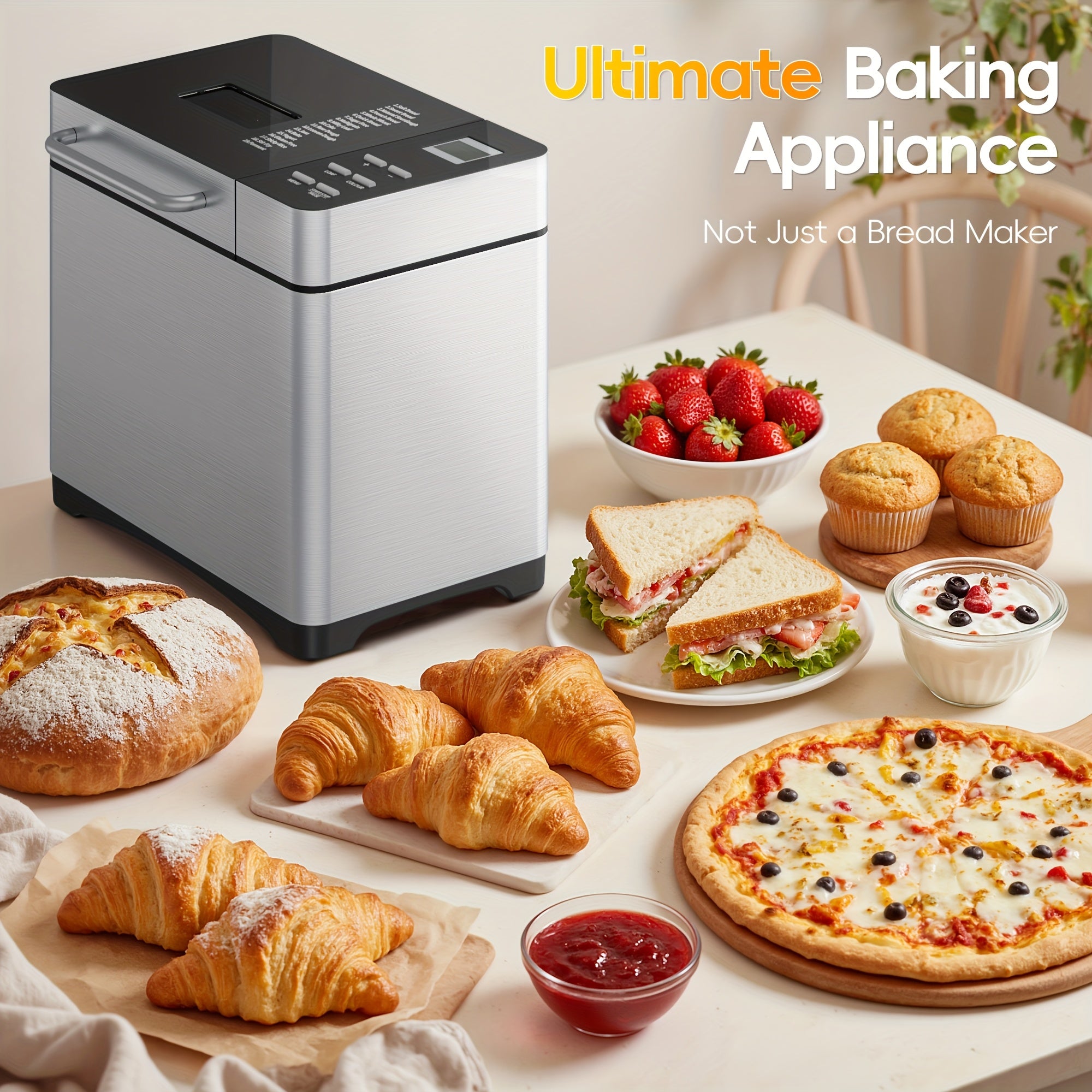 19-in-1 Automatic Bread Maker Machine, 710W Stainless Steel Bread Machine with Nut Dispenser, 15H Delay Timer, 3 Crust Colors & 3 Loaf Sizes, Non-Stick Ceramic Pan