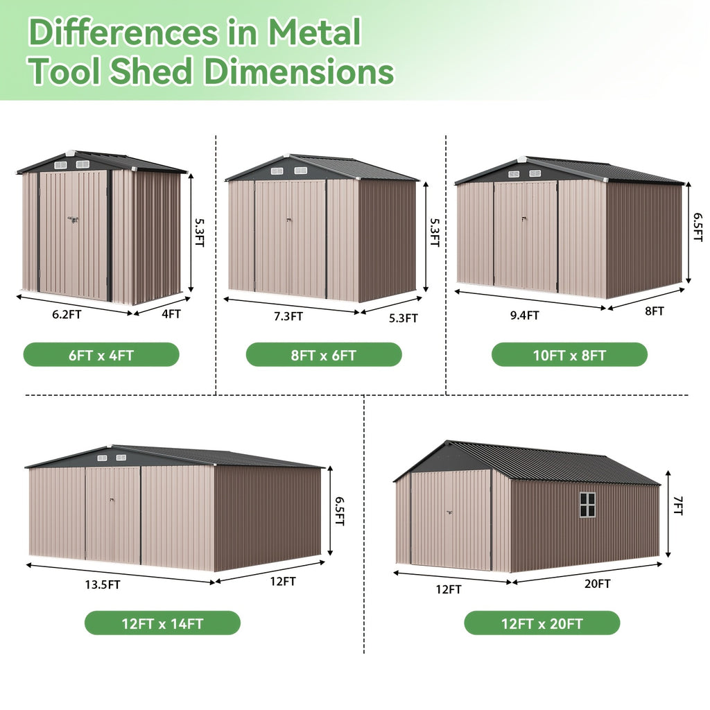 10'x12' Outdoor Metal Storage Shed, Weather‑Resistant Galvanized Steel Tool Shed with Double Hinged Doors & Vents for Backyard Garden Storage