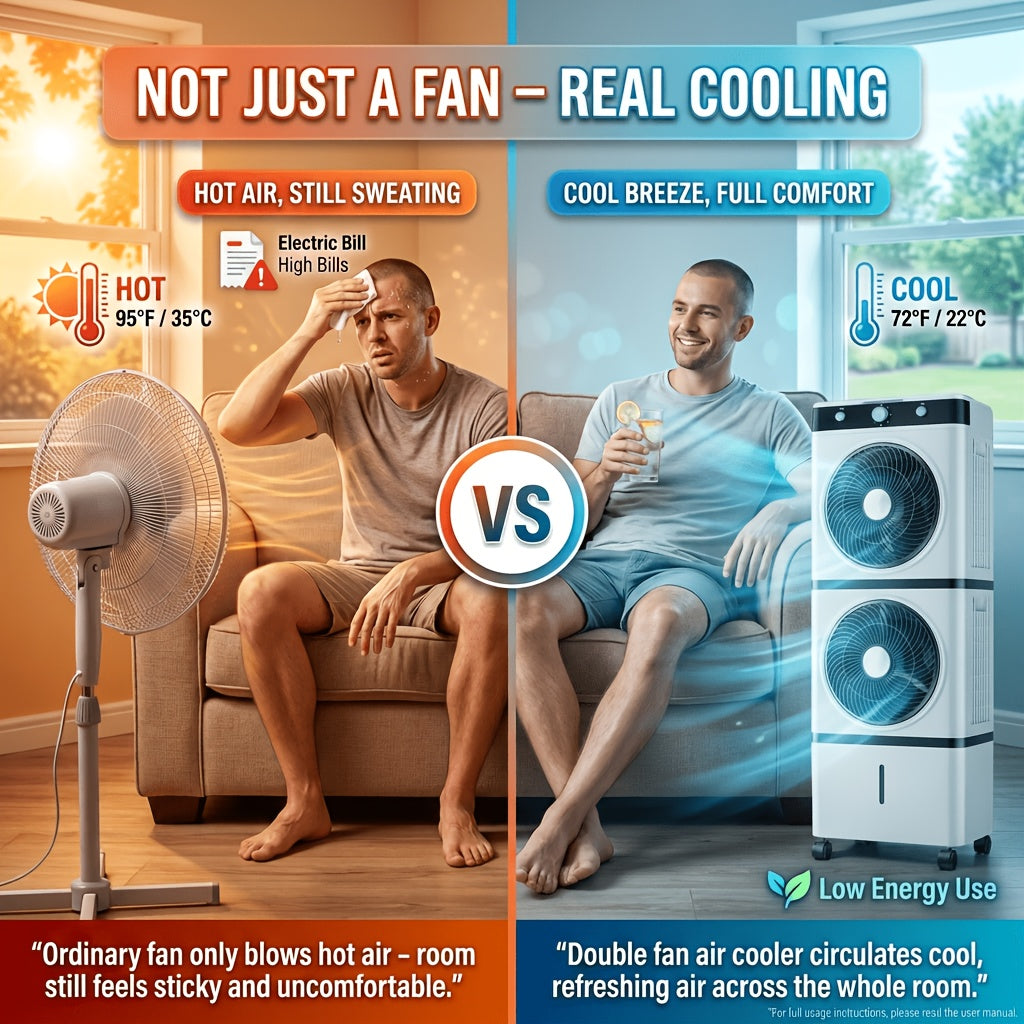 180° Oscillation Double‑Fan Evaporative Air Cooler, Portable Swamp Cooler with Water Tank & Ice Packs for Home Bedroom Patio