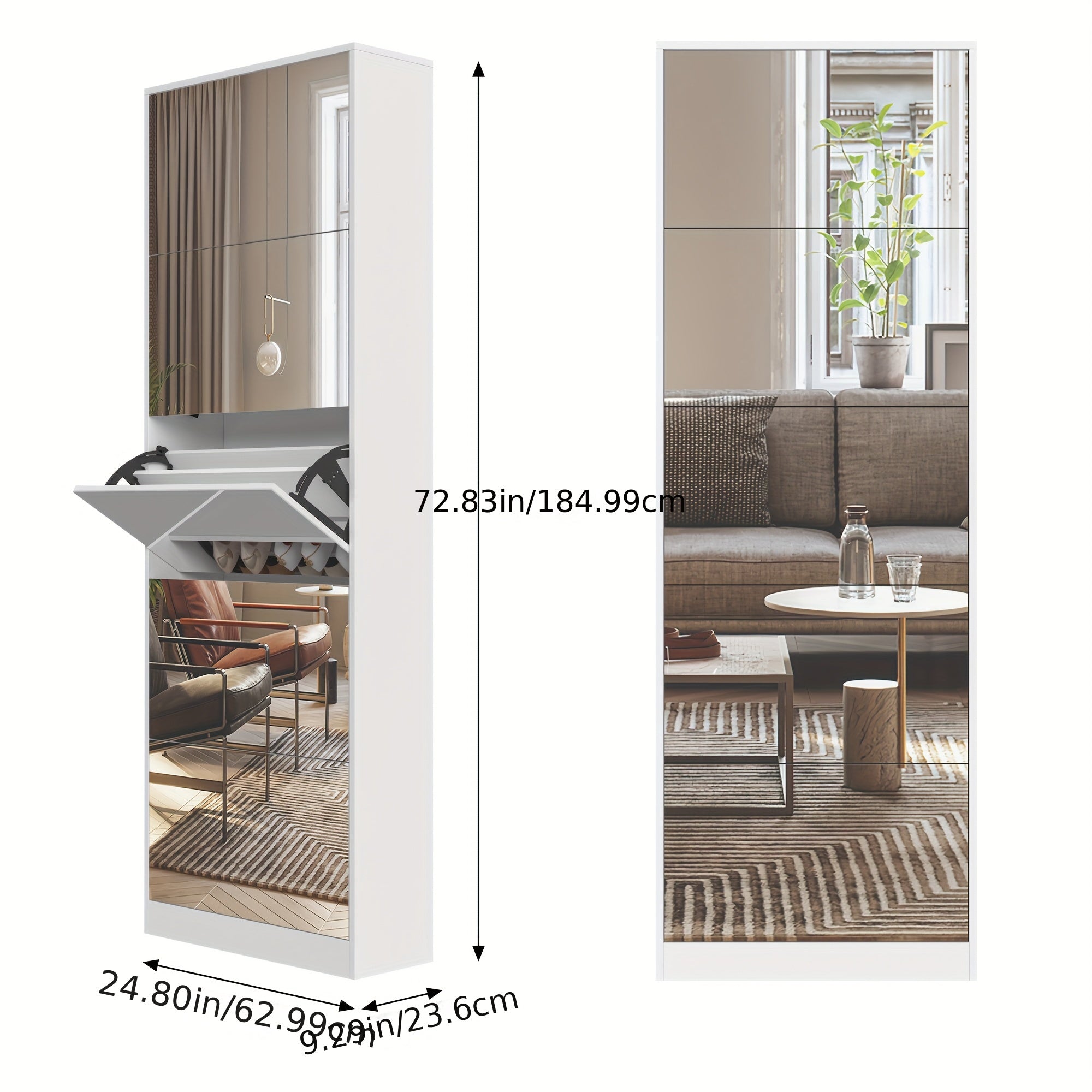 Tall Narrow Mirror Shoe Cabinet, Tipping Drawer Shoe Storage Organizer with Full Length Mirror, Slim Hidden Shoe Rack for Entryway Hallway