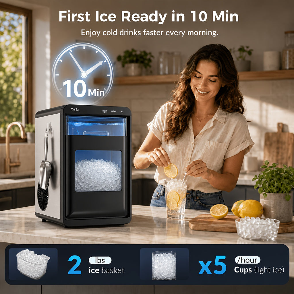 Countertop Ice Maker Machine, 44LBS/24H, 10 Mins Fast Ice Making, 3 Ice Textures, Self‑Cleaning Smart Ice Maker with LED Touch Panel, Removable Water Tank & Ice Basket for Home Kitchen Bar RV