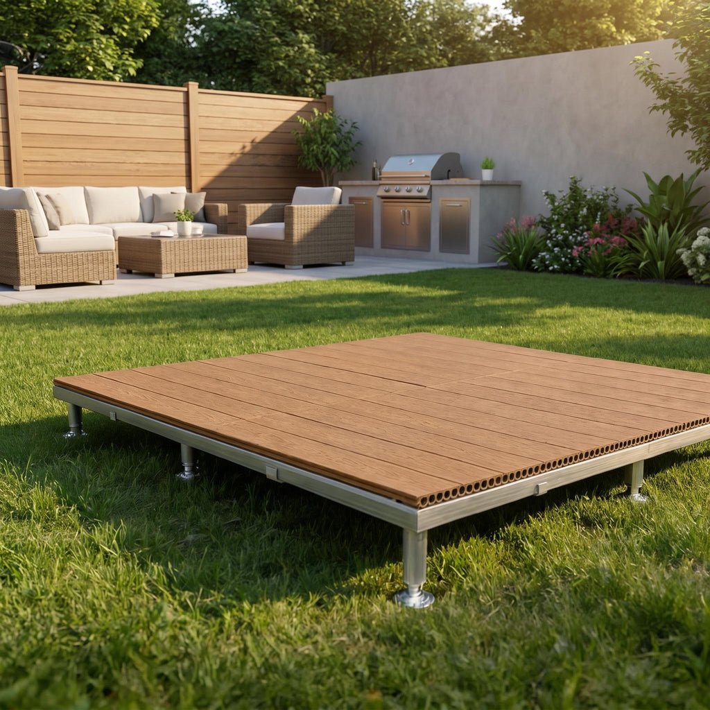 Portable WPC Deck Platform, Quick‑Assembly Modular Outdoor Flooring, Reusable Interlocking Composite Deck Tiles for Events, Camping & Backyard