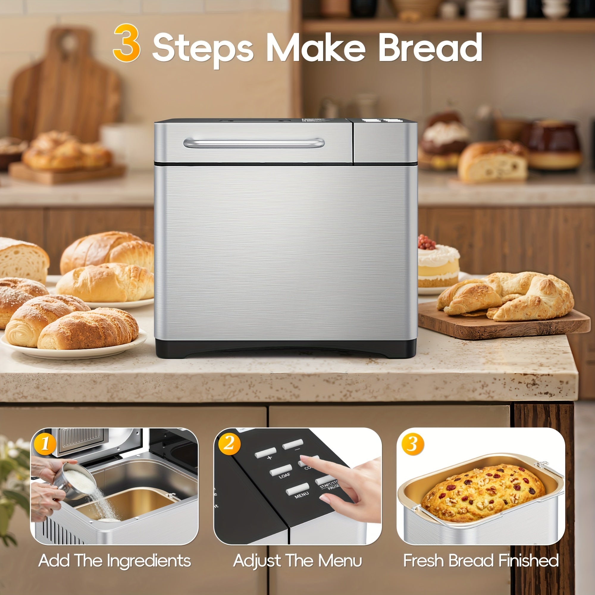 19-in-1 Automatic Bread Maker Machine, 710W Stainless Steel Bread Machine with Nut Dispenser, 15H Delay Timer, 3 Crust Colors & 3 Loaf Sizes, Non-Stick Ceramic Pan