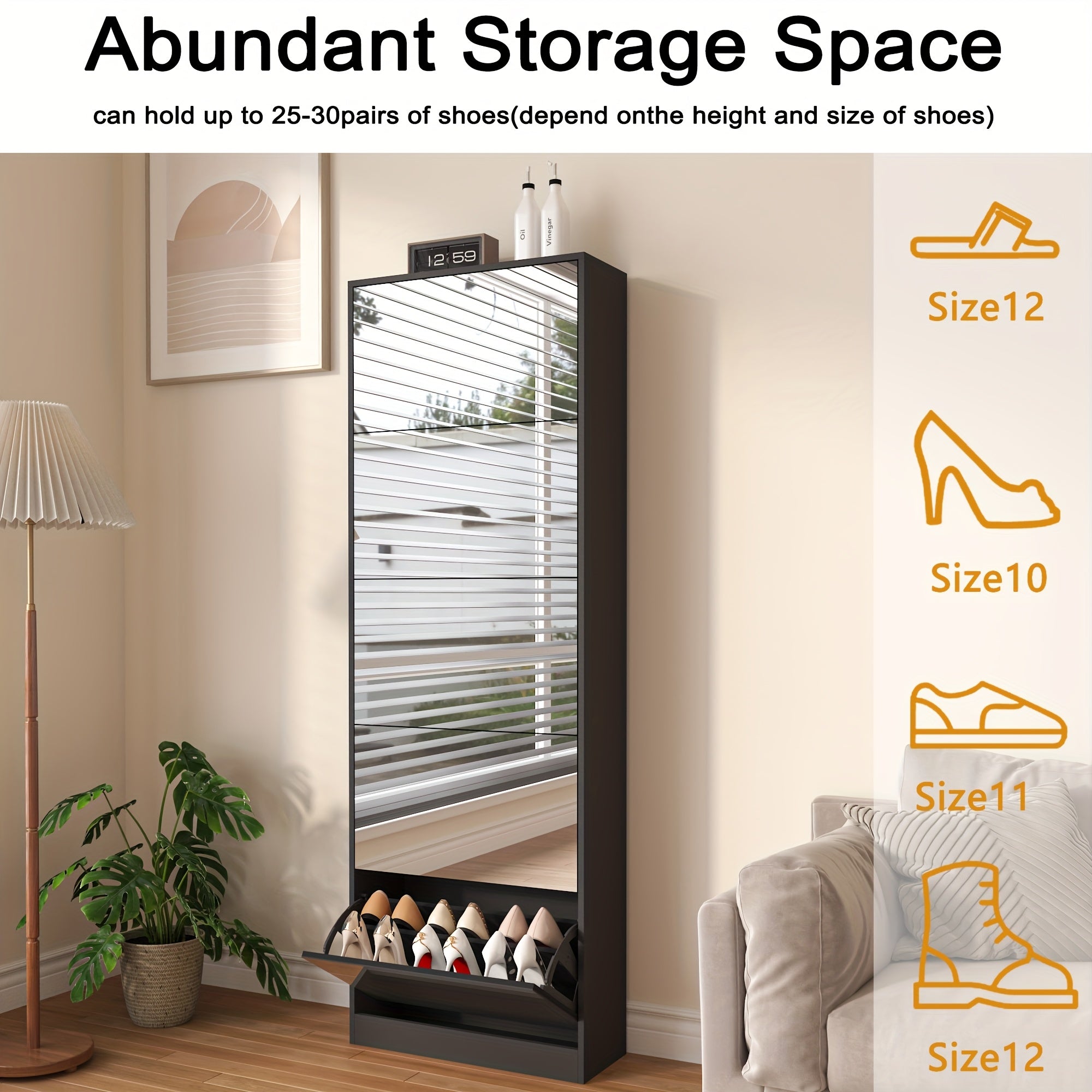 Tall Narrow Mirror Shoe Cabinet, Tipping Drawer Shoe Storage Organizer with Full Length Mirror, Slim Hidden Shoe Rack for Entryway Hallway