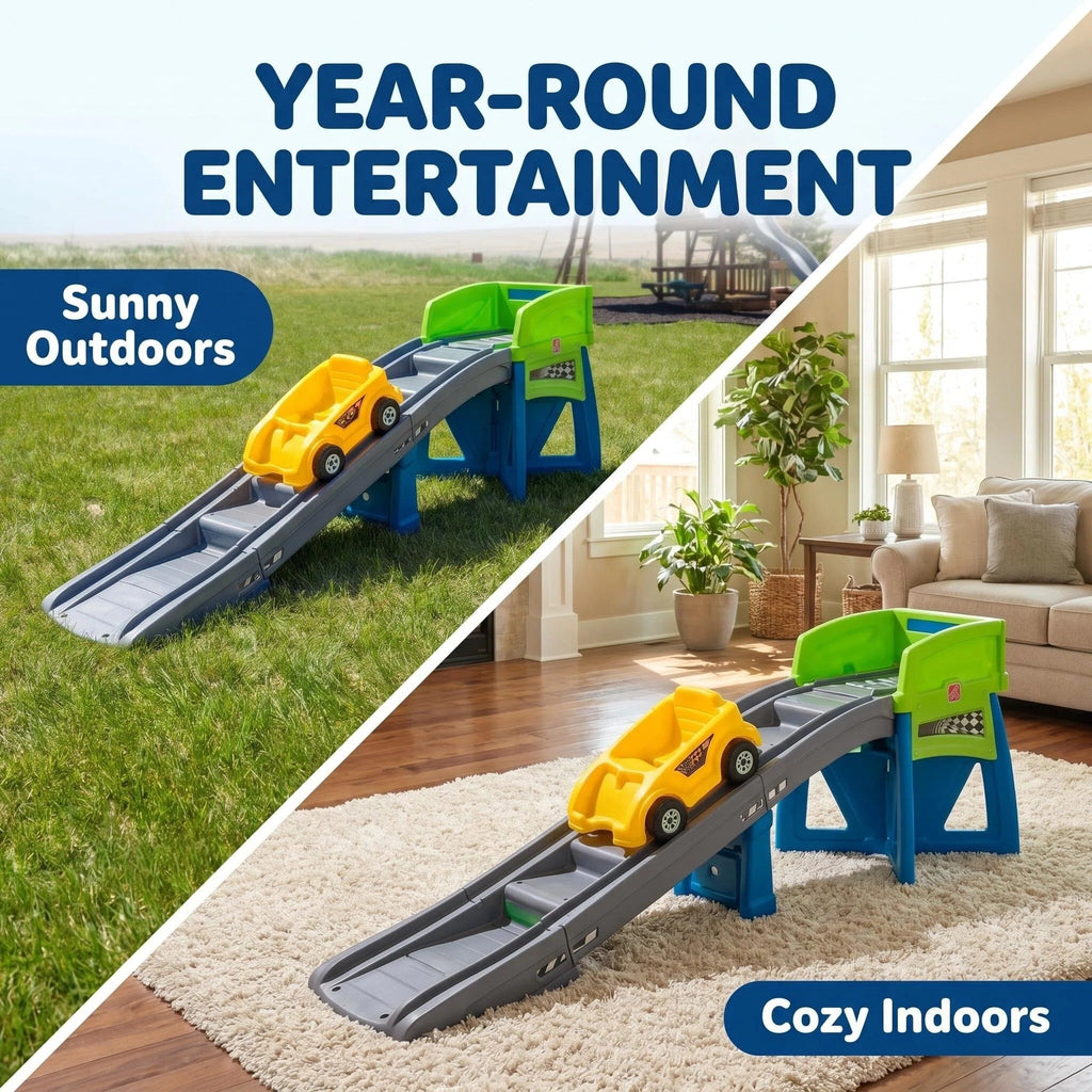 Kids Roller Coaster Ride‑On Toy, 10 Ft Track Heavy Duty Toddler Sliding Car Playset, Supports Up to 50 Lbs, Indoor & Outdoor Play, Tool‑Free Assembly