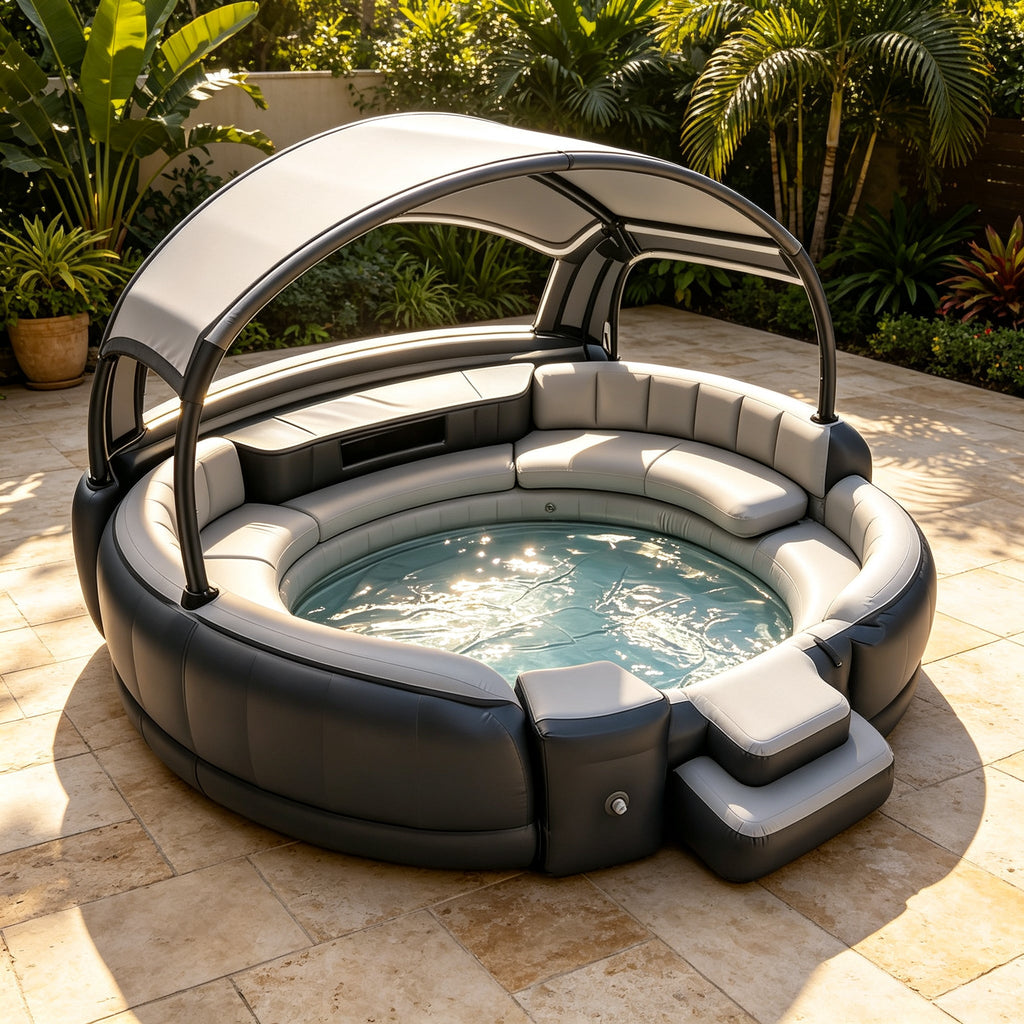 Premium Inflatable Hot Tub Spa with Fold‑Canopy & LED Ambient Lighting, 4‑7 Person Portable Outdoor Inflatable Spa Pool with Electric Air Pump