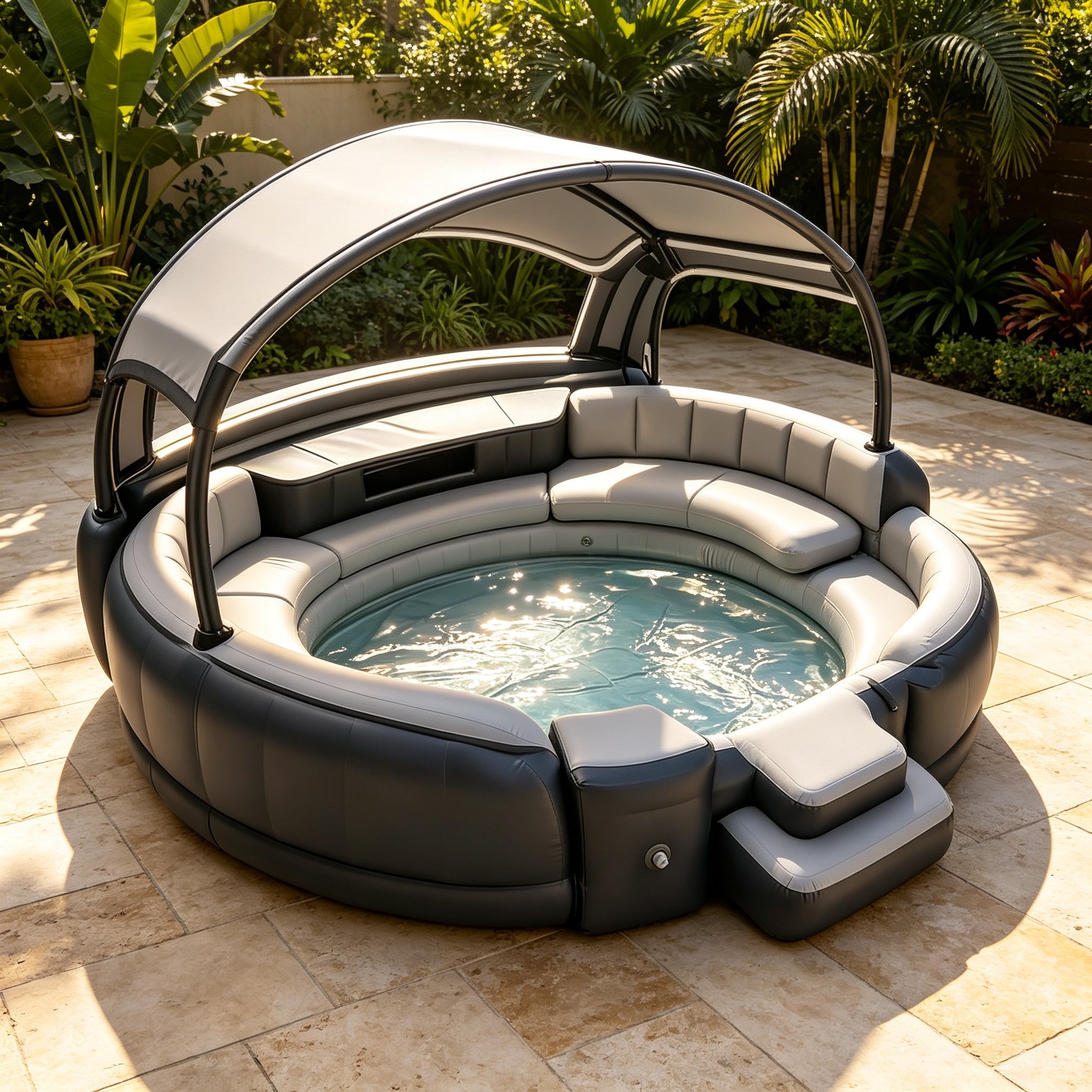 Premium Inflatable Hot Tub Spa with Fold‑Canopy & LED Ambient Lighting, 4‑7 Person Portable Outdoor Inflatable Spa Pool with Electric Air Pump