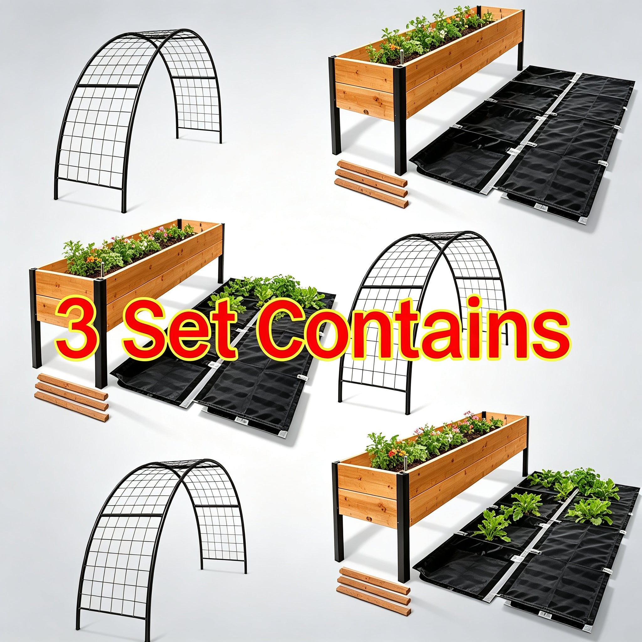 Elevated Wooden Raised Garden Bed with Arch Trellis, Self‑Watering Raised Planter Box for Vegetables Flowers Herbs, Backyard Patio Gardening