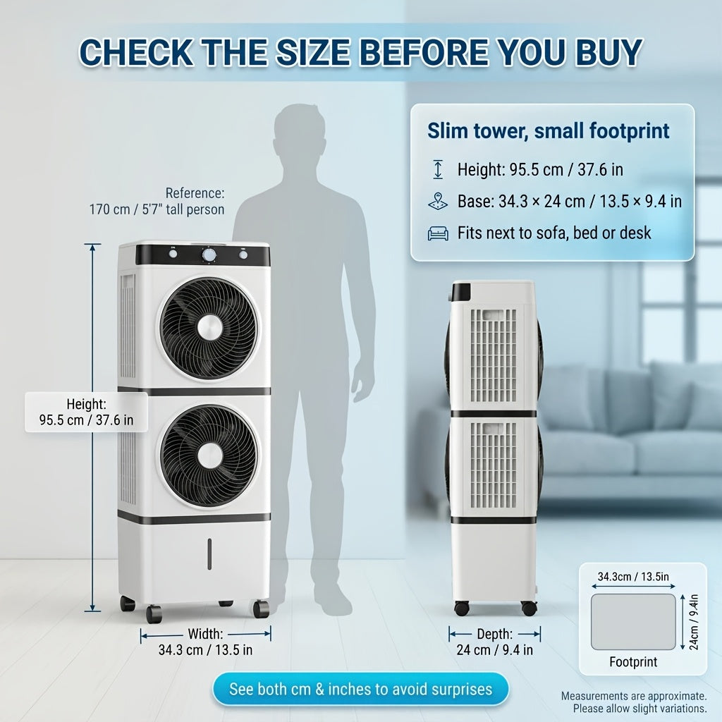 180° Oscillation Double‑Fan Evaporative Air Cooler, Portable Swamp Cooler with Water Tank & Ice Packs for Home Bedroom Patio