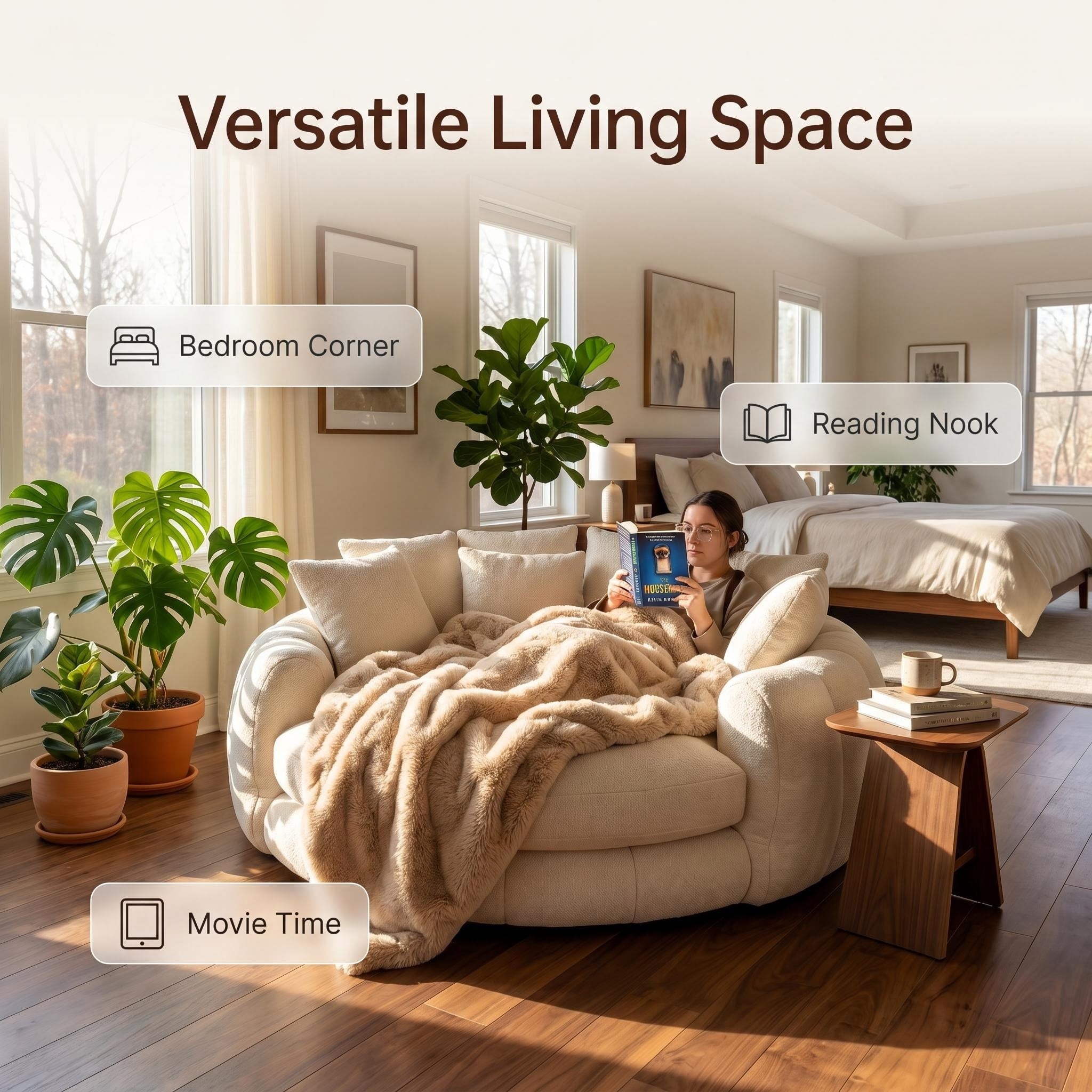 Round Oversized Bean Bag Sofa, Removable Washable Cover High‑Density Foam Circular Lounge Couch