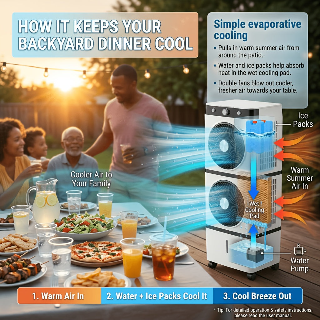180° Oscillation Double‑Fan Evaporative Air Cooler, Portable Swamp Cooler with Water Tank & Ice Packs for Home Bedroom Patio