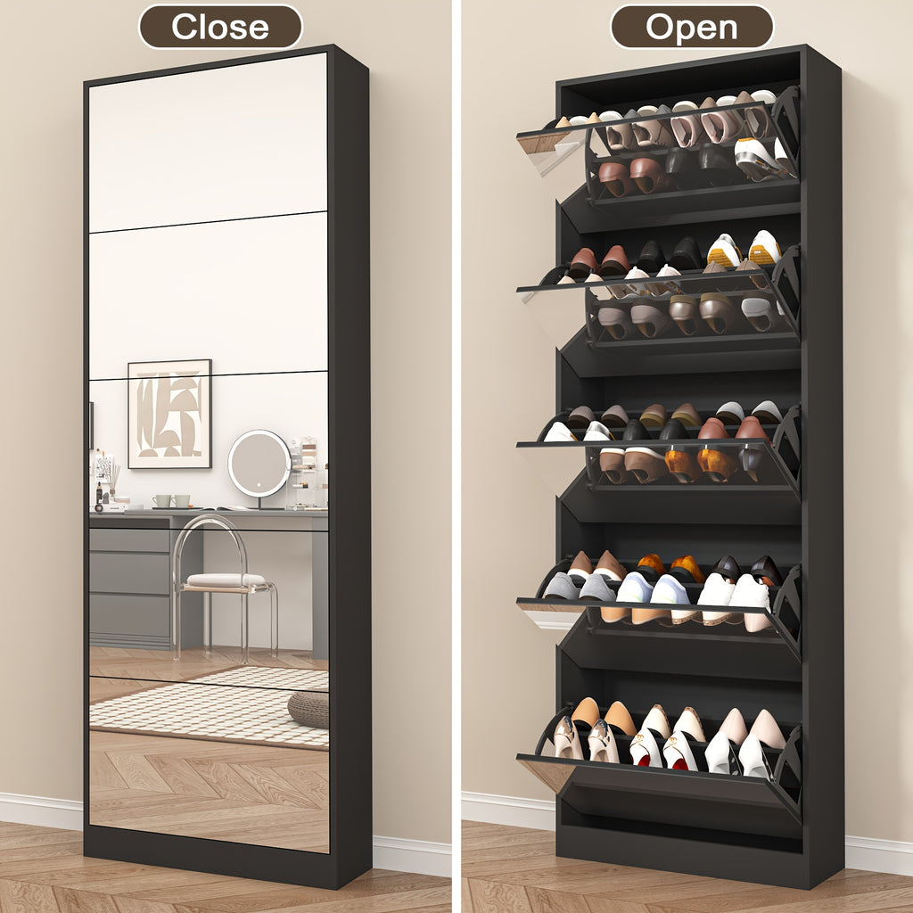 Tall Narrow Mirror Shoe Cabinet, Tipping Drawer Shoe Storage Organizer with Full Length Mirror, Slim Hidden Shoe Rack for Entryway Hallway