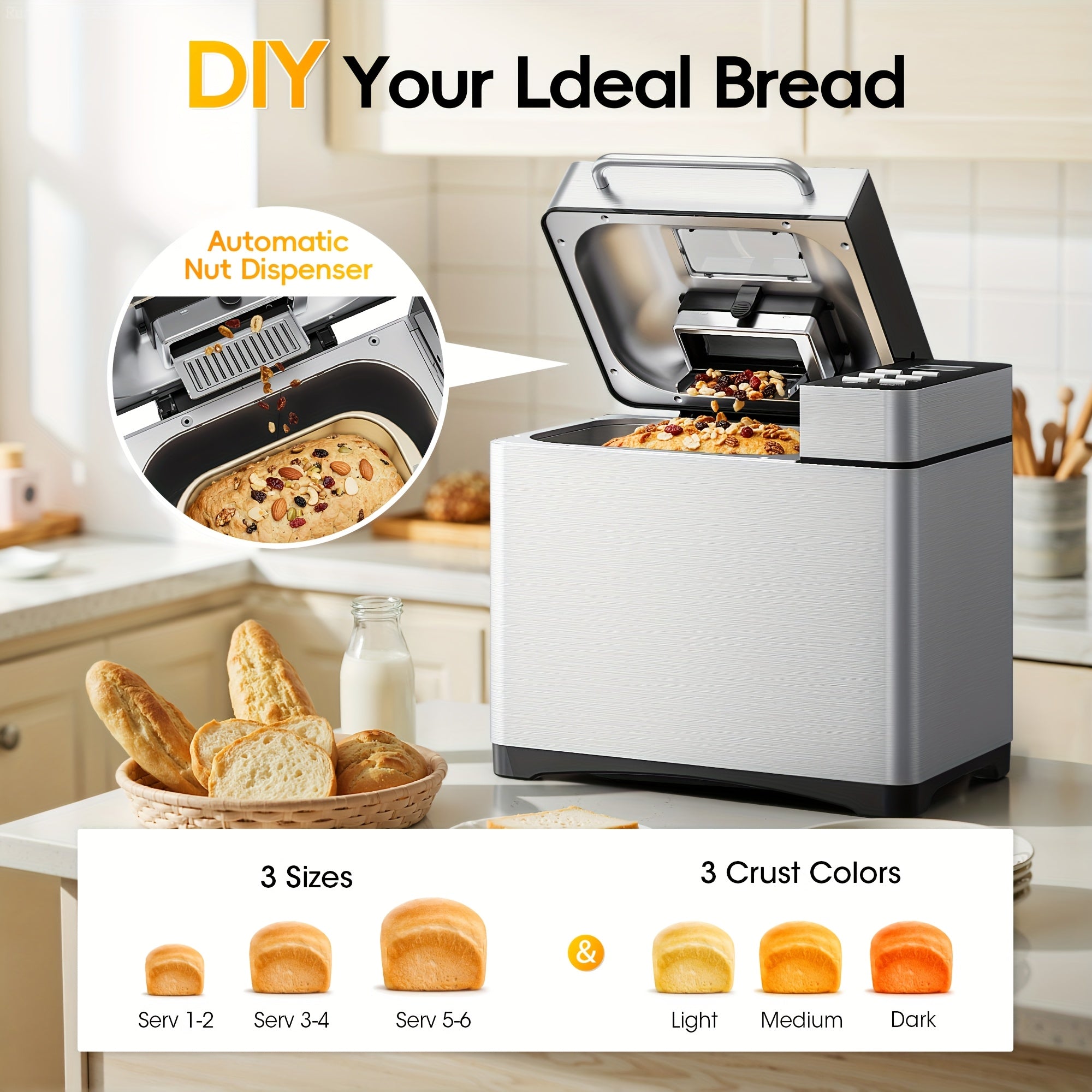 19-in-1 Automatic Bread Maker Machine, 710W Stainless Steel Bread Machine with Nut Dispenser, 15H Delay Timer, 3 Crust Colors & 3 Loaf Sizes, Non-Stick Ceramic Pan