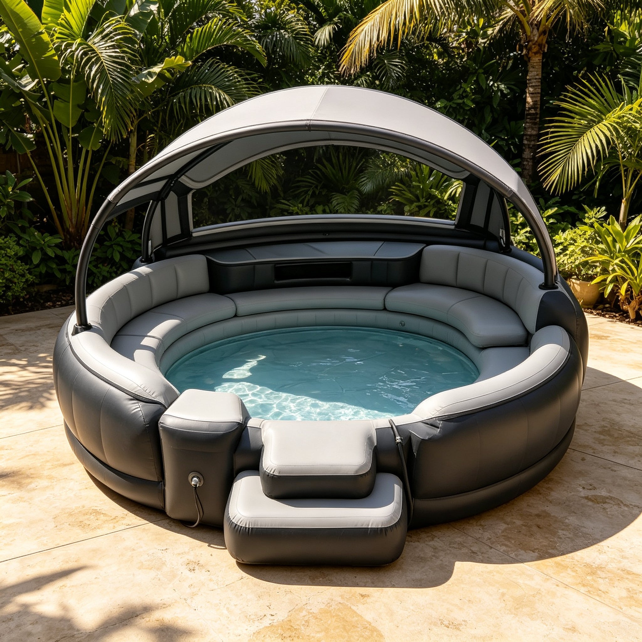 Premium Inflatable Hot Tub Spa with Fold‑Canopy & LED Ambient Lighting, 4‑7 Person Portable Outdoor Inflatable Spa Pool with Electric Air Pump
