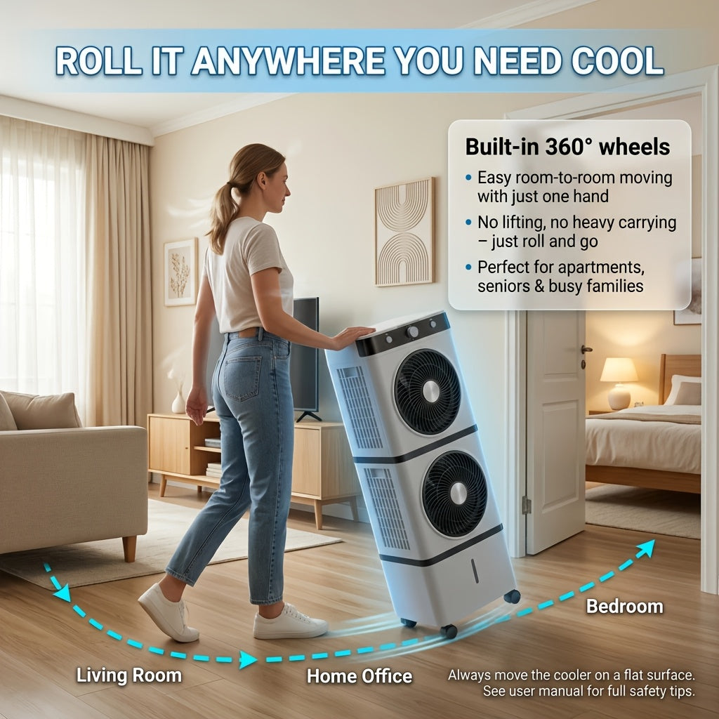180° Oscillation Double‑Fan Evaporative Air Cooler, Portable Swamp Cooler with Water Tank & Ice Packs for Home Bedroom Patio