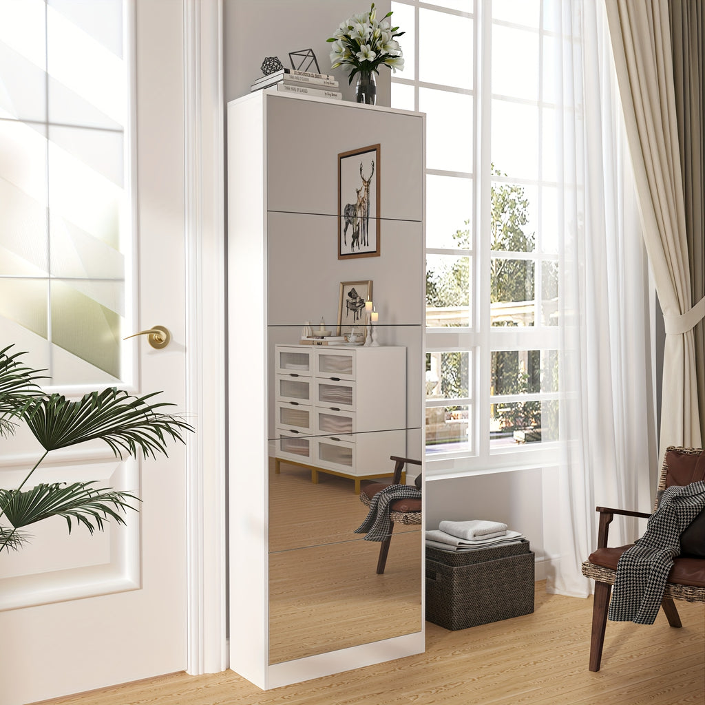 Tall Narrow Mirror Shoe Cabinet, Tipping Drawer Shoe Storage Organizer with Full Length Mirror, Slim Hidden Shoe Rack for Entryway Hallway