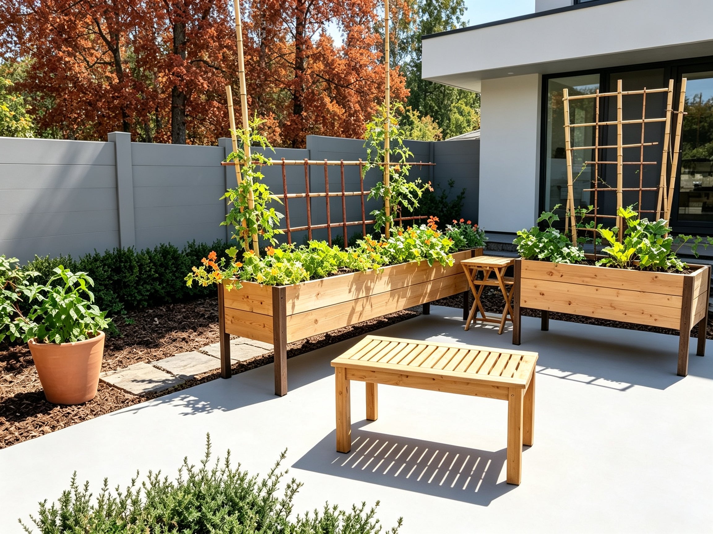 Elevated Wooden Raised Garden Bed with Arch Trellis, Self‑Watering Raised Planter Box for Vegetables Flowers Herbs, Backyard Patio Gardening