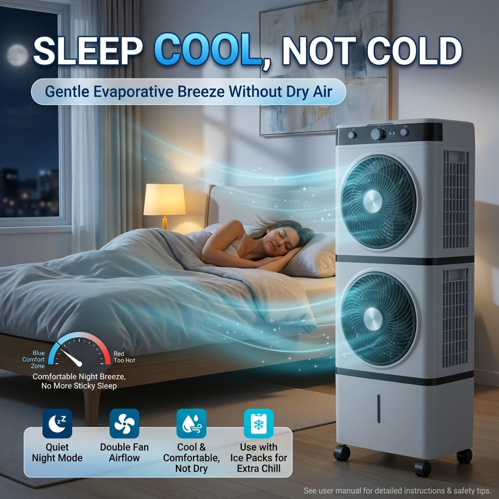 180° Oscillation Double‑Fan Evaporative Air Cooler, Portable Swamp Cooler with Water Tank & Ice Packs for Home Bedroom Patio