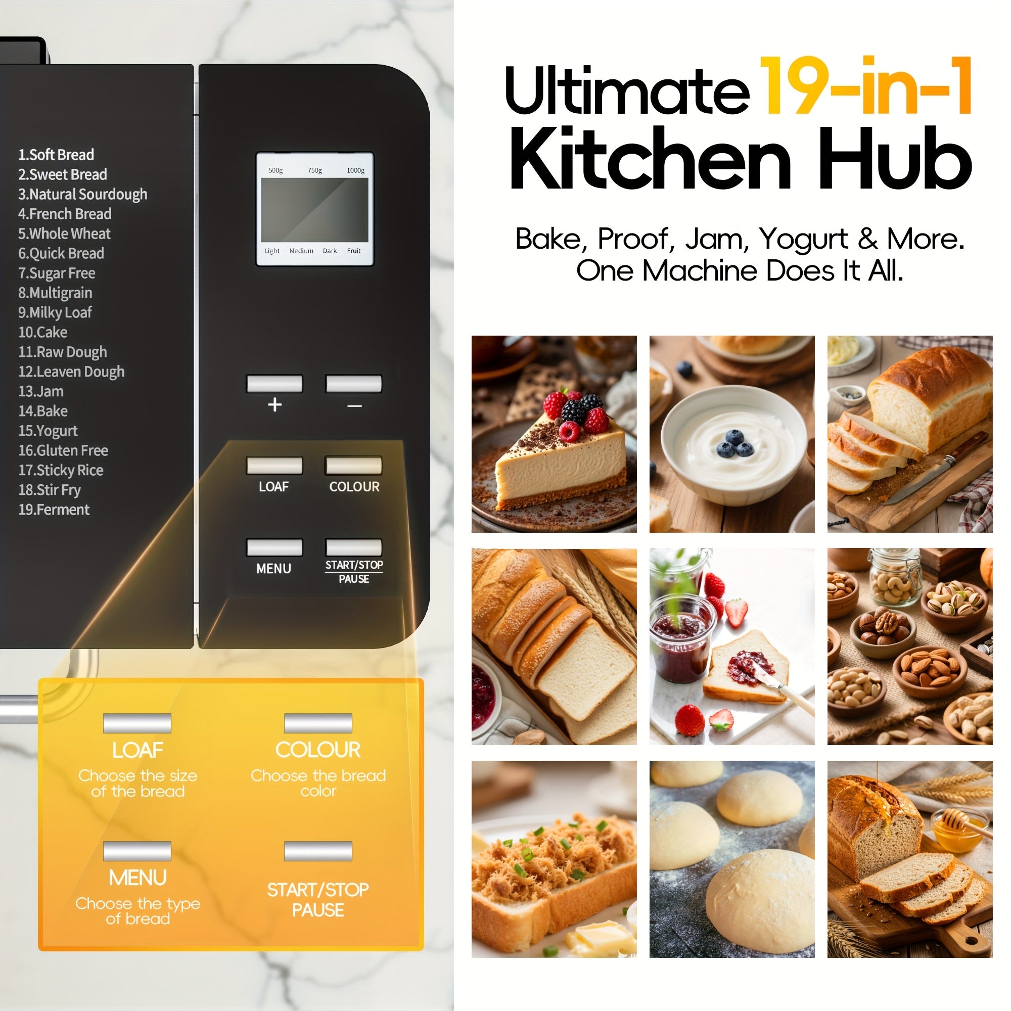 19-in-1 Automatic Bread Maker Machine, 710W Stainless Steel Bread Machine with Nut Dispenser, 15H Delay Timer, 3 Crust Colors & 3 Loaf Sizes, Non-Stick Ceramic Pan