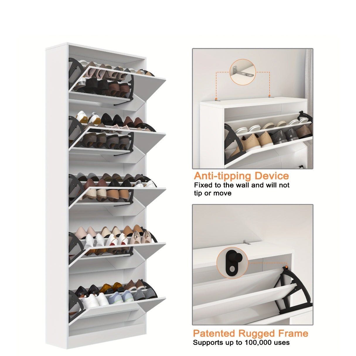 Tall Narrow Mirror Shoe Cabinet, Tipping Drawer Shoe Storage Organizer with Full Length Mirror, Slim Hidden Shoe Rack for Entryway Hallway