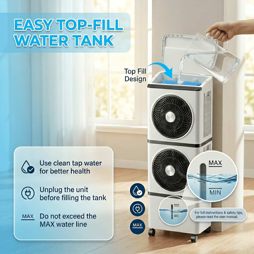 180° Oscillation Double‑Fan Evaporative Air Cooler, Portable Swamp Cooler with Water Tank & Ice Packs for Home Bedroom Patio