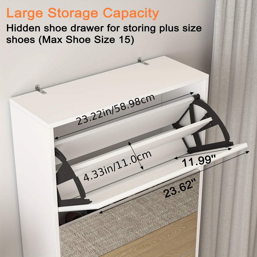 Tall Narrow Mirror Shoe Cabinet, Tipping Drawer Shoe Storage Organizer with Full Length Mirror, Slim Hidden Shoe Rack for Entryway Hallway