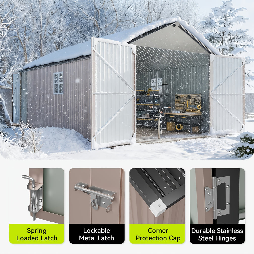 10'x12' Outdoor Metal Storage Shed, Weather‑Resistant Galvanized Steel Tool Shed with Double Hinged Doors & Vents for Backyard Garden Storage