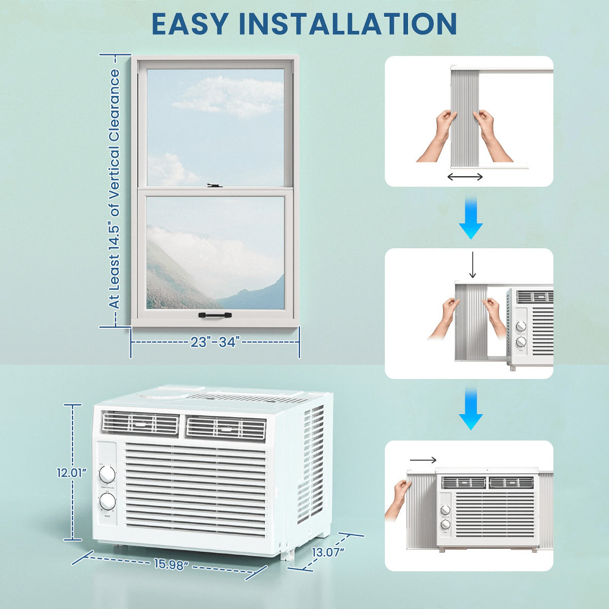3‑in‑1 Window Air Conditioner, 5000‑10000 BTU Window‑Mount AC Unit with Remote Control, Cool Dry Fan Modes for Bedroom Living Room