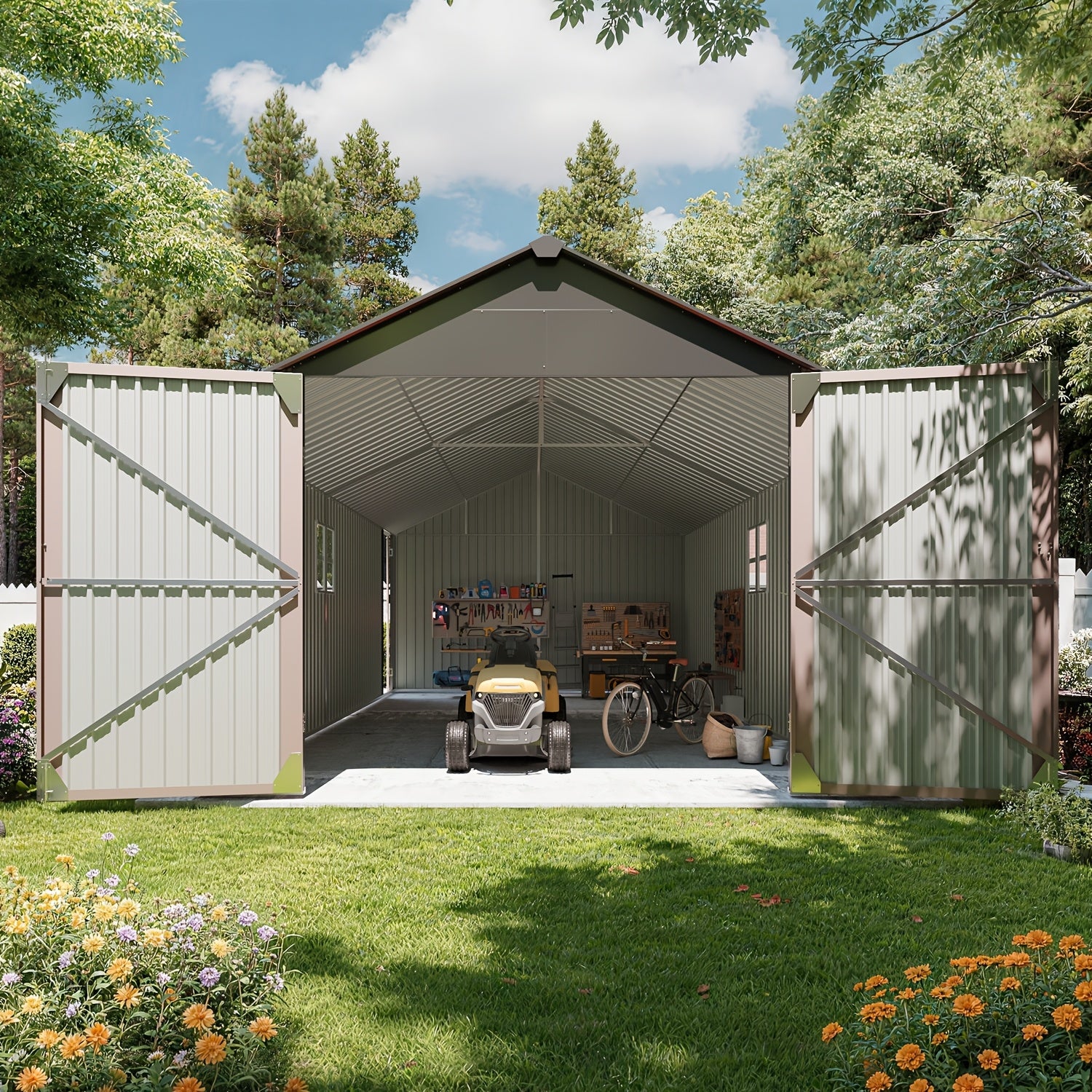10'x12' Outdoor Metal Storage Shed, Weather‑Resistant Galvanized Steel Tool Shed with Double Hinged Doors & Vents for Backyard Garden Storage