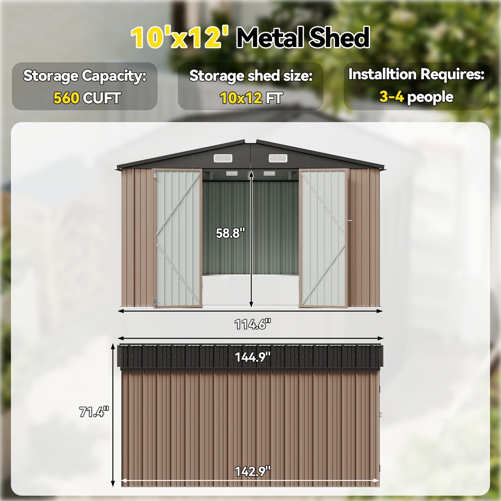10'x12' Outdoor Metal Storage Shed, Weather‑Resistant Galvanized Steel Tool Shed with Double Hinged Doors & Vents for Backyard Garden Storage