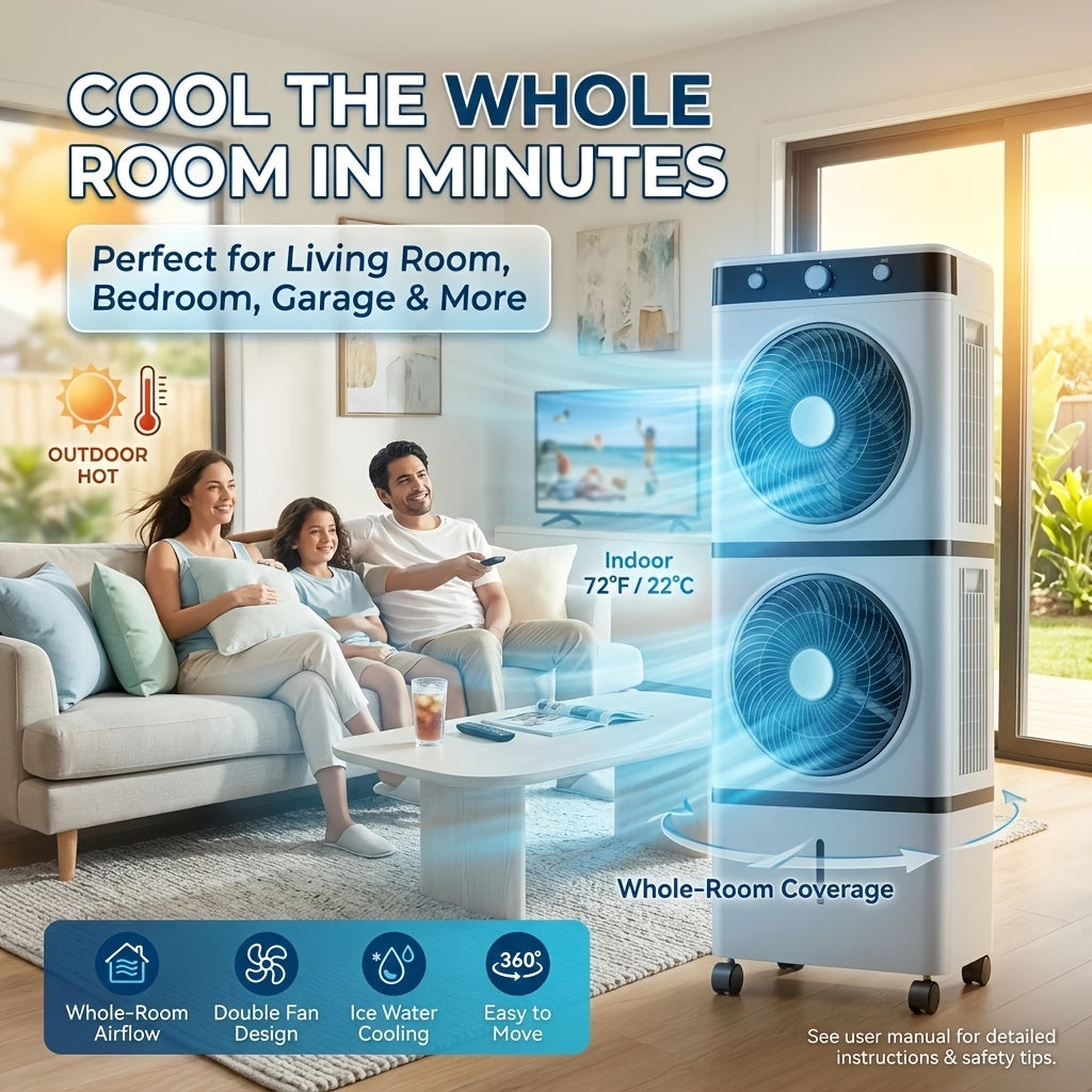 180° Oscillation Double‑Fan Evaporative Air Cooler, Portable Swamp Cooler with Water Tank & Ice Packs for Home Bedroom Patio