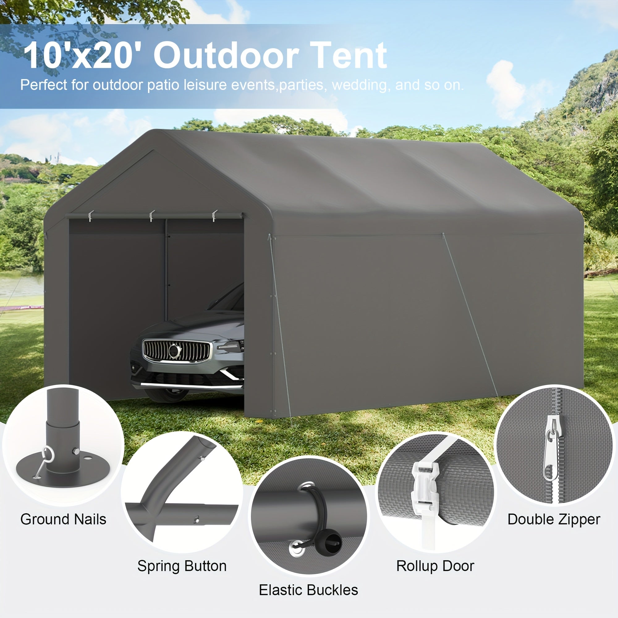 10x20ft Heavy‑Duty Carport, Waterproof UV‑Protected Portable Garage with Removable Sidewalls & Roll‑Up Door