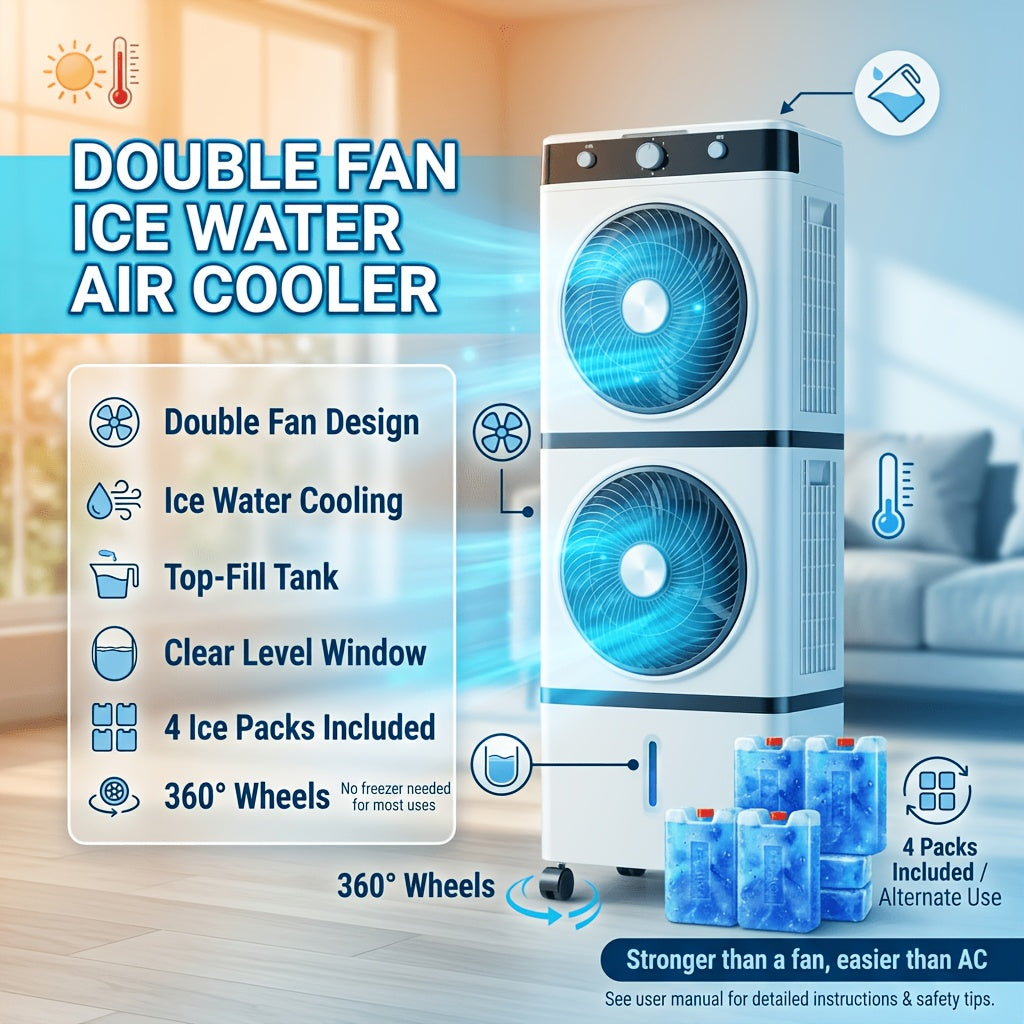 180° Oscillation Double‑Fan Evaporative Air Cooler, Portable Swamp Cooler with Water Tank & Ice Packs for Home Bedroom Patio
